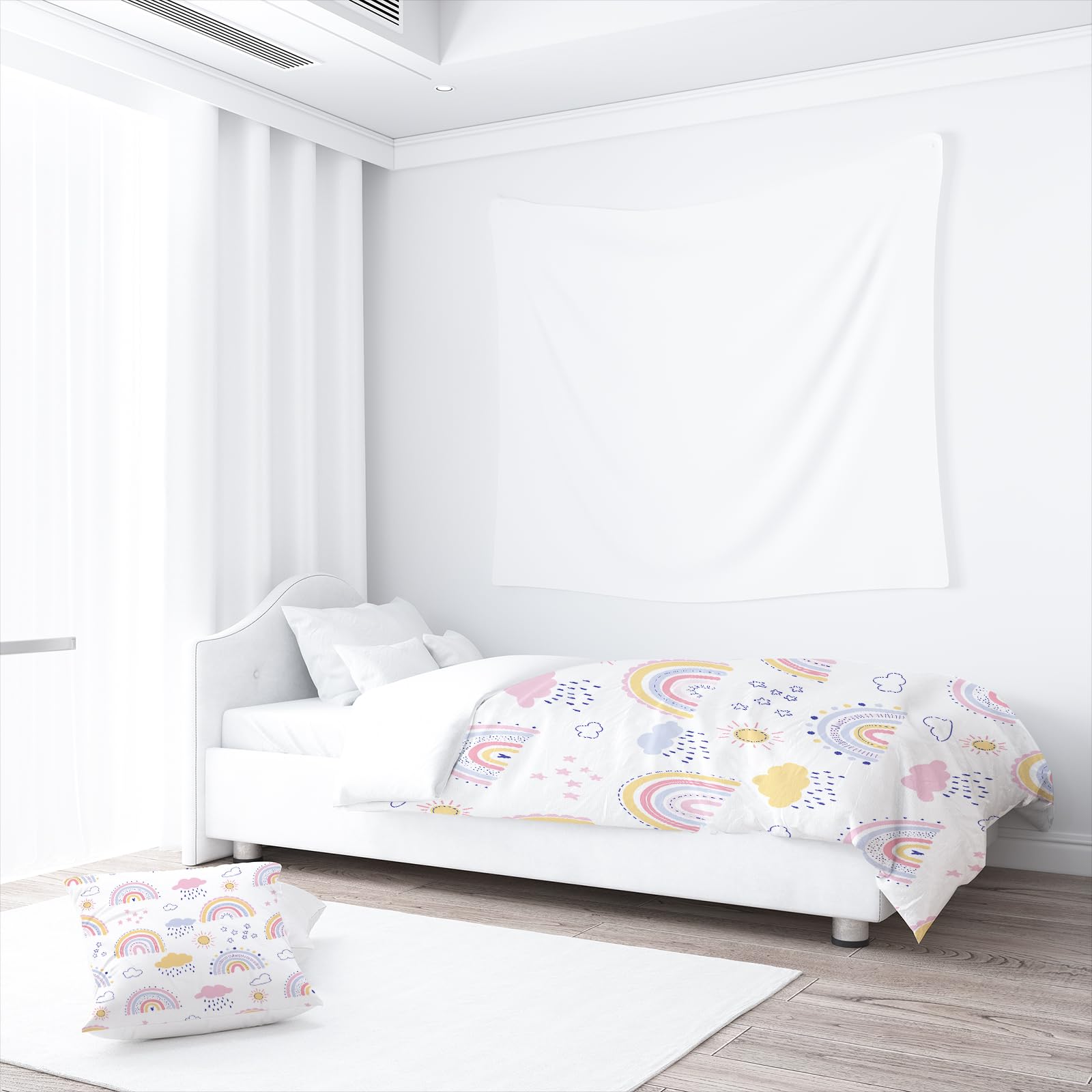 Zestaw pościeli dla dziewczynek w kolorach tęczy, poszewka na poduszkę 65x65 cm, poszwa na kołdrę 140x200 cm, pościel w stylu kreskówkowym z chmurami z łatwym do otwierania zamkiem