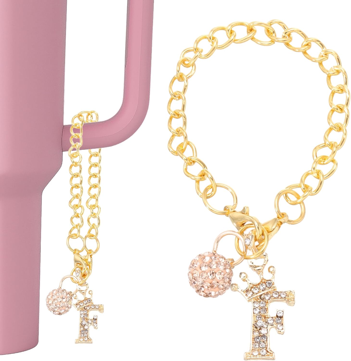 PATIKIL Initial Disco Ball Charm Keychain for Cup Holder, Bling Crown Letter Diamond Glitter Keychain Accessories