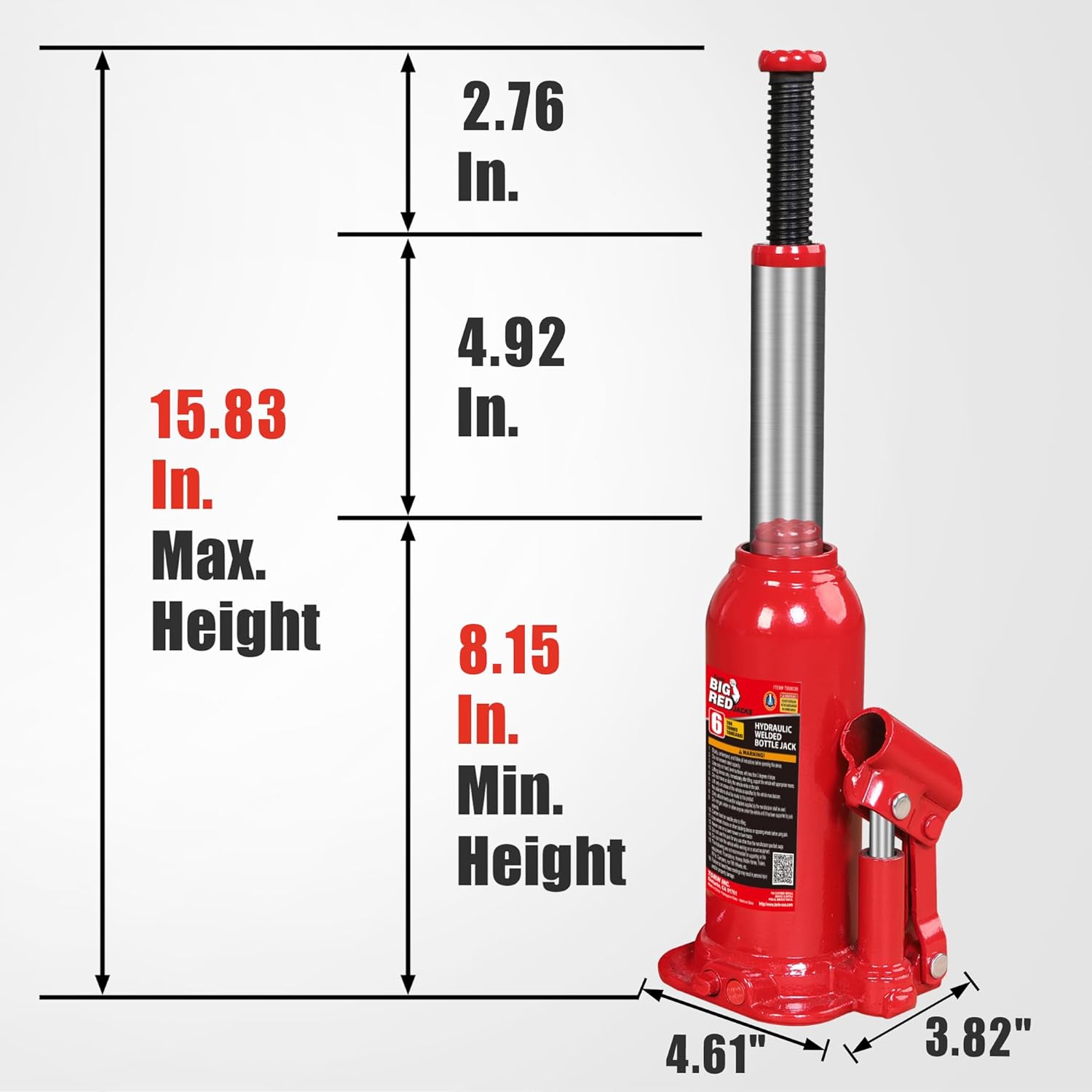 BIG RED T90603B Torin Hydraulic Welded Bottle Jack, 6 Ton (12,000 lb) Capacity, Red