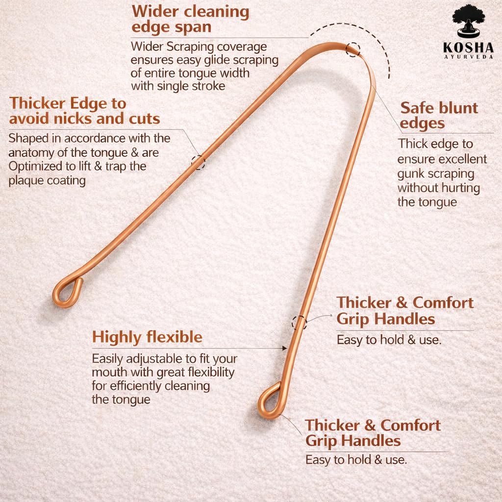Copper Tongue Scraper | Perfect Surgical Tongue Cleaner | Best remedy for bad breath | Naturally Antimicrobial and Prevents Oral Health Diseases | Flexible handle with comfortable grip | Kosha Ayurveda (Set of 2 - Pure Copper) 1