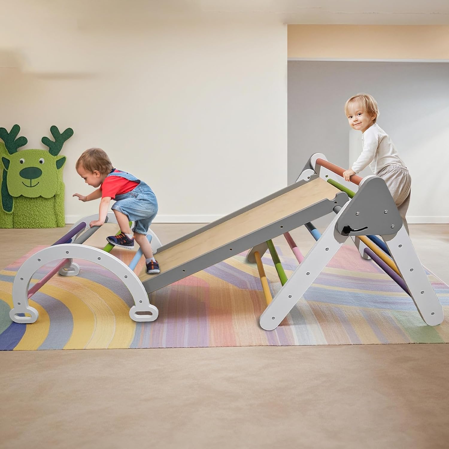 Pikler Triangle Climbing Set for Toddler 7 in 1 Rainbow Indoor Climber Set Foldable Montessori Wooden Climbing Toy with Ramp and Arch Indoor Gyms Playground for Toddlers Kids