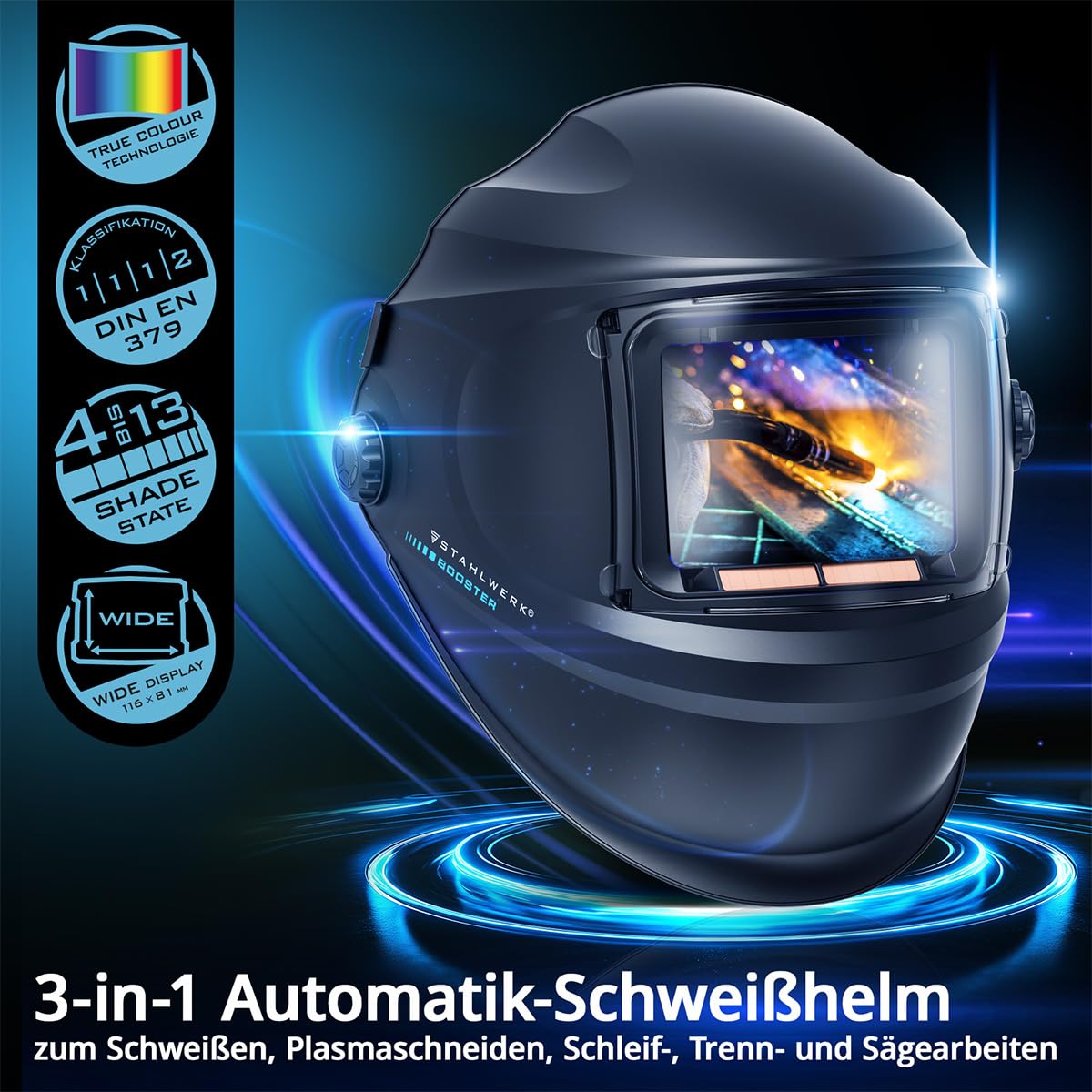 STAHLWERK Automatik-Schweißhelm 3-in-1 Booster – Schweißerhelm mit True-Colour, autom. Abdunkelung DIN 4-13, Jobspeicher, optische Klasse 1/1/1/2, Sichtfeld 116 x 81 mm, Schweißschild, Schweißmaske