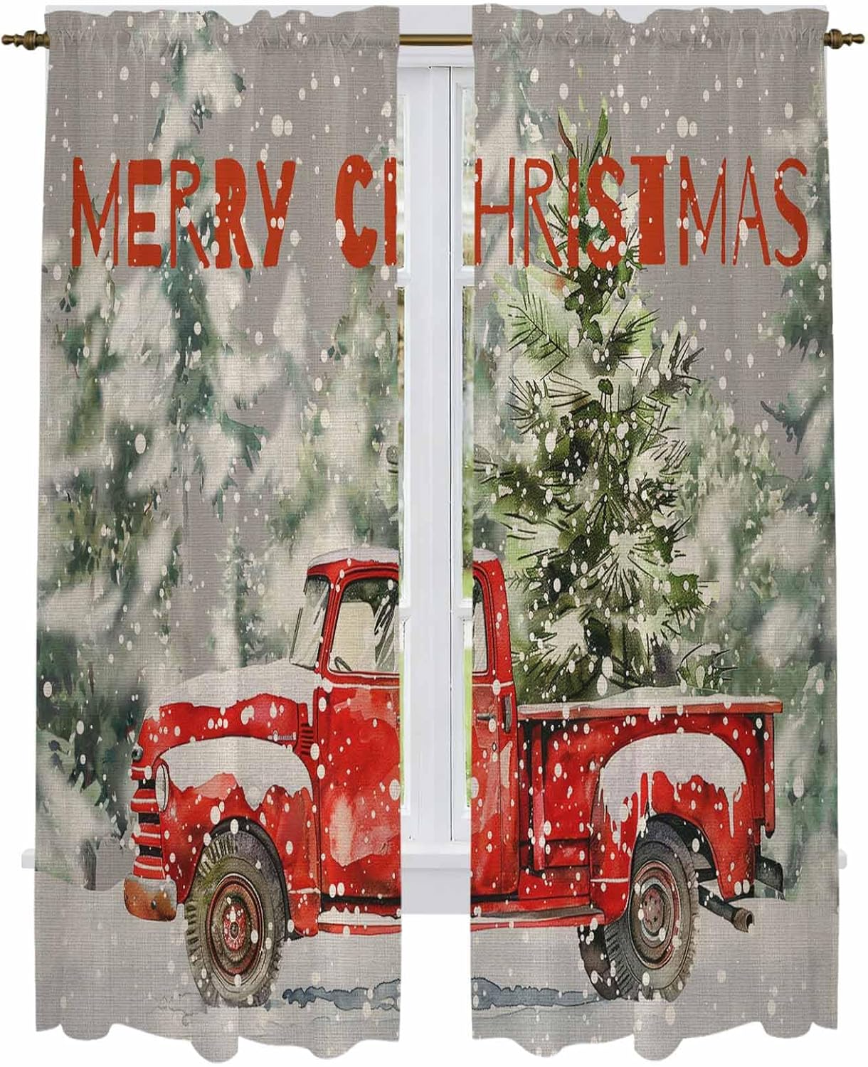 Grey Christmas Window Curtains 72 Inch Long 2 Panel Set, Rod Pocket Long Curtains & Drapes, Red Truck Xmas Tree Snowflake Light Filtering Window Treatment for Bedroom Living Room 52"W x 72"L