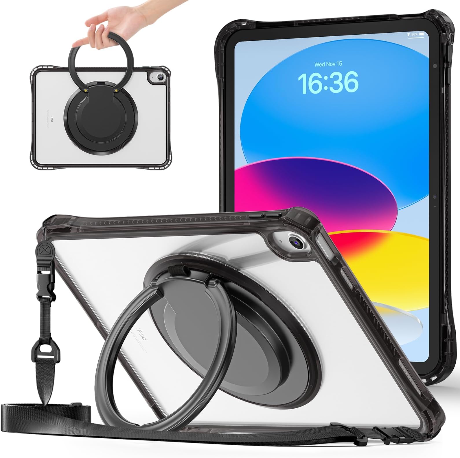 for iPad 10th Generation Case 2022 10.9 inch with 360° Rotating Kickstand, Shoulder Strap, Pencil Holder, Hand Grip, 2 in 1 Heavy Duty Protective Rugged Clear Back Cover for iPad 10.9'', Black