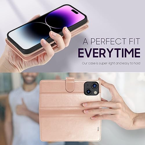 Miniatura 6 de Funda tipo cartera 5 en 1 para iPhone 14 con soporte para tarjetas, funda magnética de piel sintética con bloqueo RFID, con 2 protectores de Negro