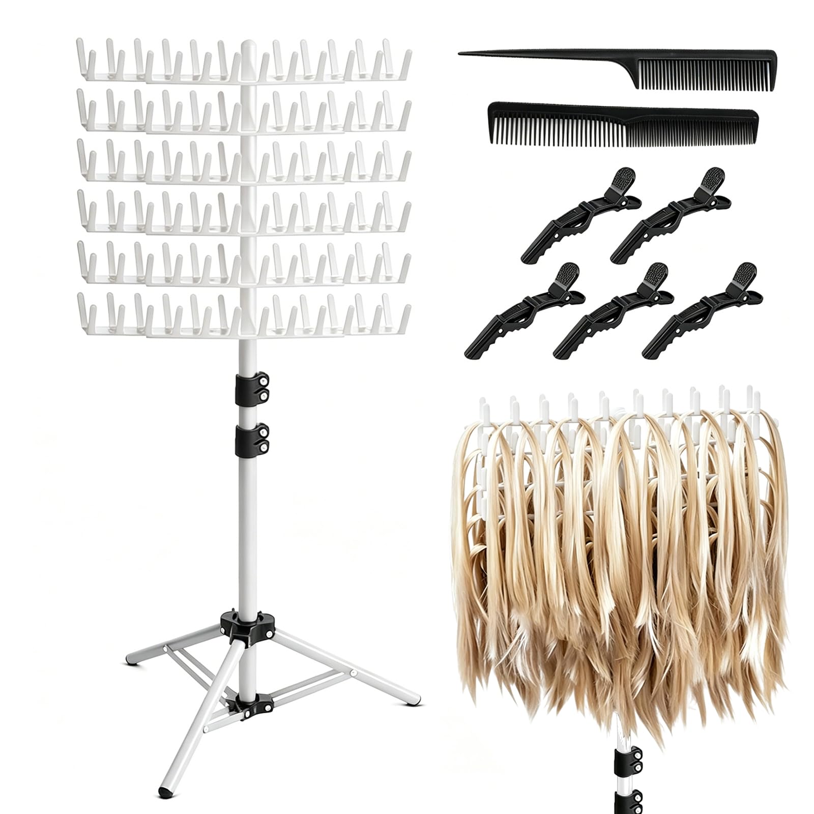 Braiding Hair Rack regolabile in altezza e pieghevole – 144 perni extension per capelli con fermagli per capelli + pettini, supporto per parrucchieri e trecce (bianco)