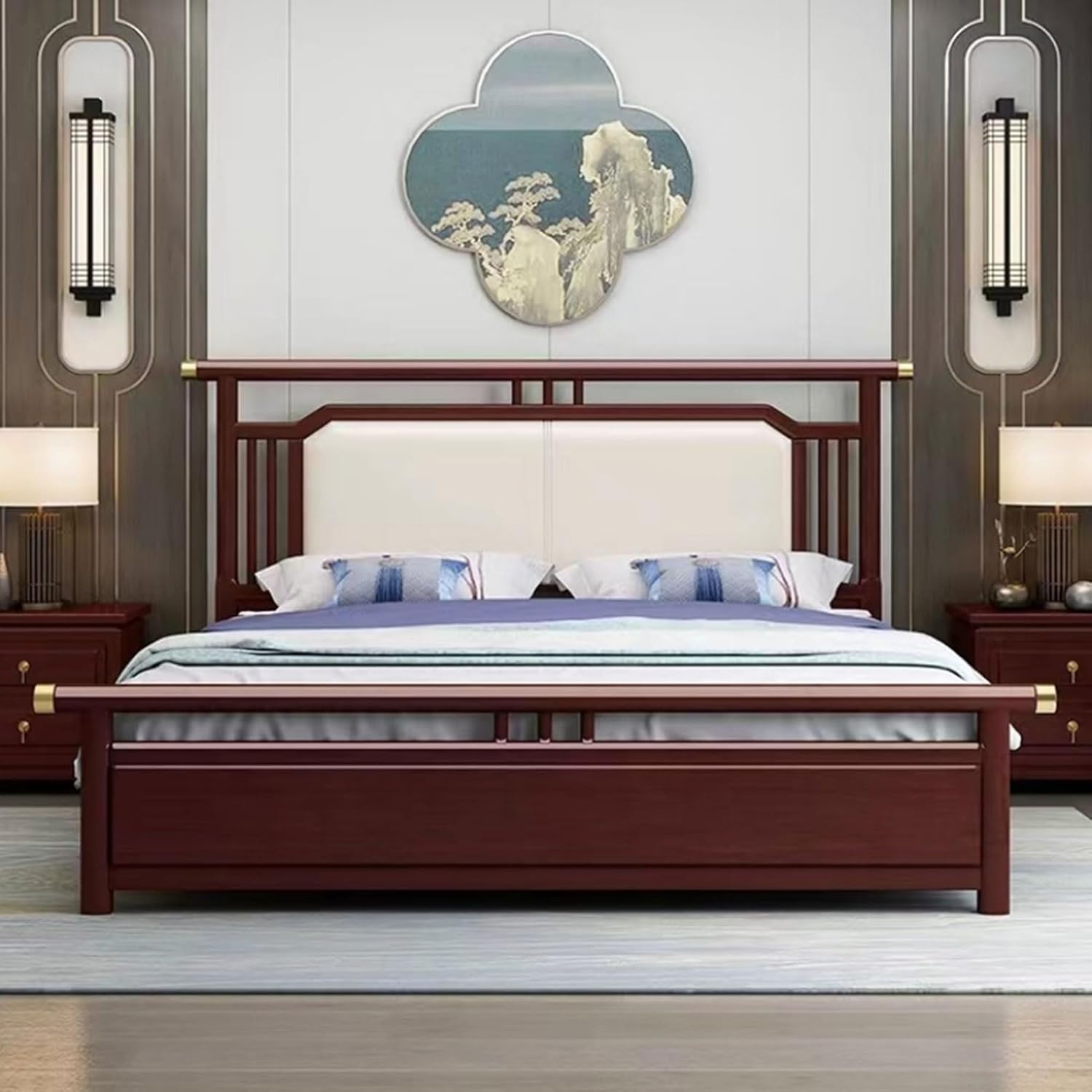 Vintage Wooden Upholstered Platform Bed Ergonomic Upholstered Headboard with Heavy Duty Wooden Slat Suppor Noise-Free