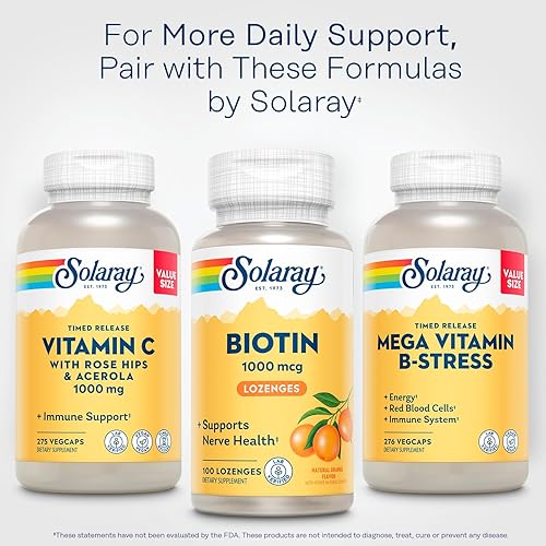 Miniatura 6 de SOLARAY Biotina de alta potencia 1000 mcg  Sabor de jugo de naranja natural  Apoyo saludable para el cabello, la piel y las uñas  100 pastillas