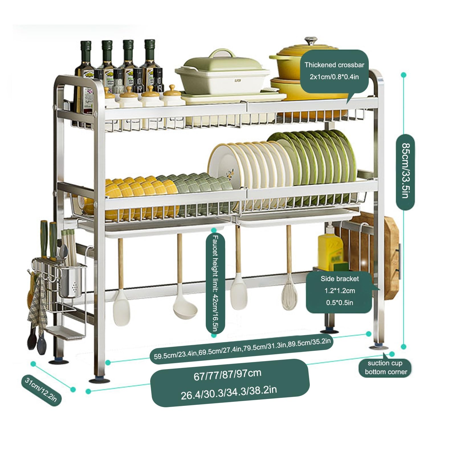Abtropfgestell für Geschirr über der Spüle Abtropfgestell mit Besteck- und Küchenutensilienhaltern platzsparend für die Küchenarbeitsplatte Organizer über der Spüle (Silber 2 87 cm/34 3 Zoll)