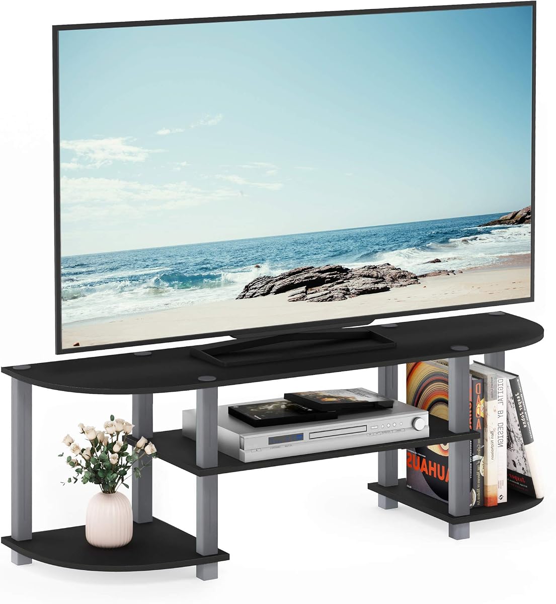 Centro de entretenimiento para TV ancha Furinno Turn-S-Tube, negro/gris | Centro de entretenimiento sin herramientas con estantes de almacenamiento abiertos, mesa consola multimedia con estante de barra de sonido para sala de estar, dormitorio