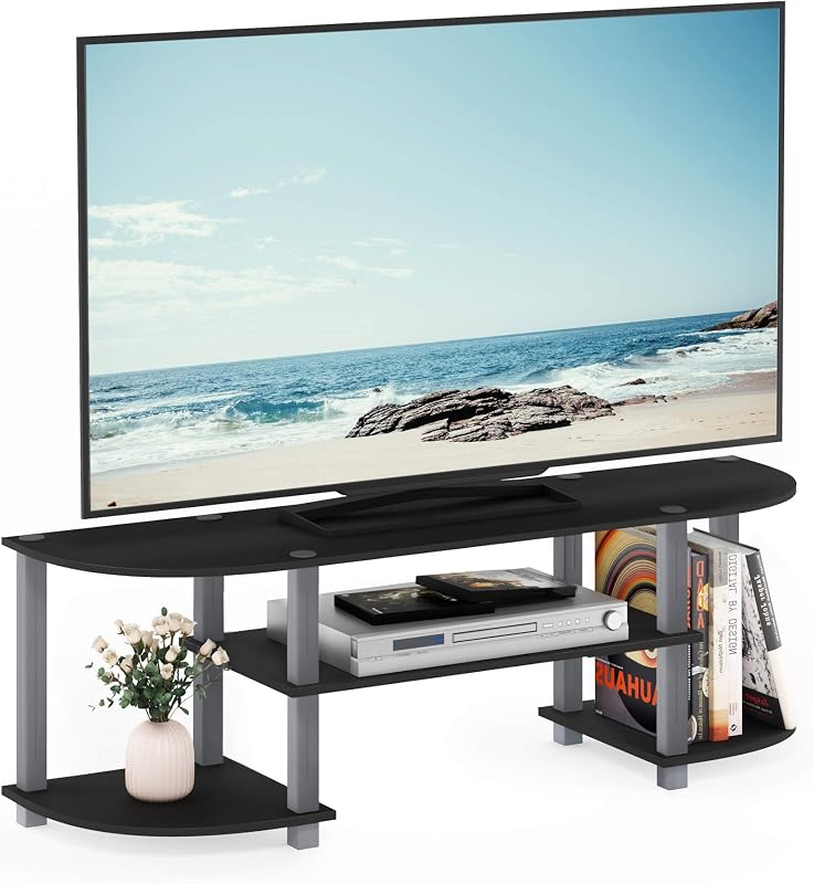 Centro de entretenimiento para TV ancha Furinno Turn-S-Tube, negro/gris | Centro de entretenimiento sin herramientas con estantes de almacenamiento abiertos, mesa consola multimedia con estante de barra de sonido para sala de estar, dormitorio