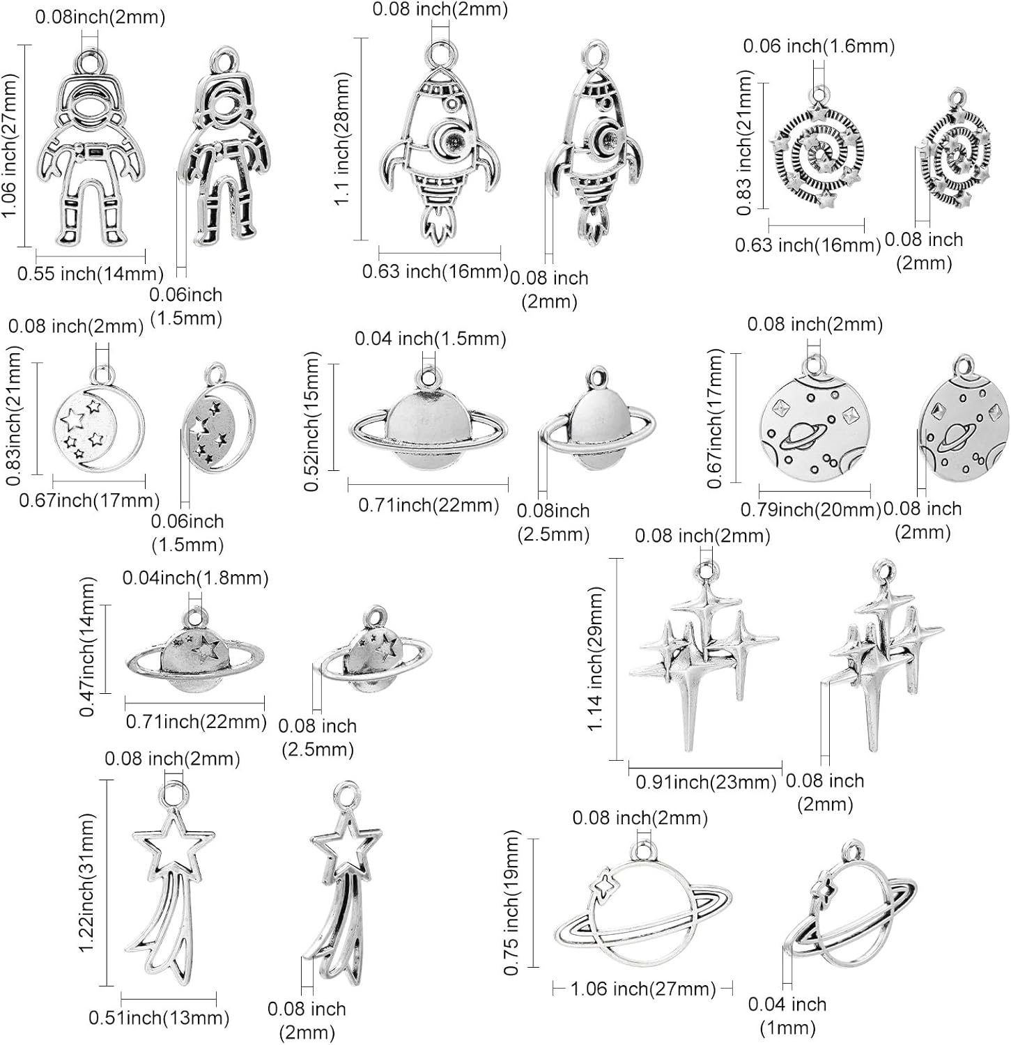 KitBeads 50pcs Tibetan Planet Mixed Styles Star Astronaut Rocket Charms - Antique Silver Space Universe Charms for Jewelry Making Bulk - Image 2