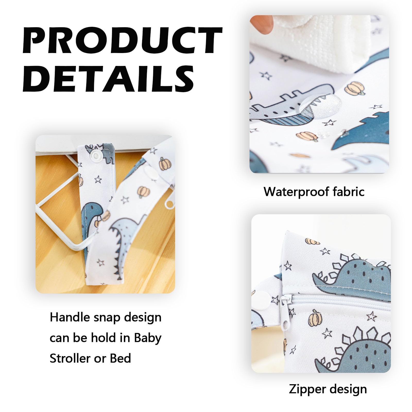 3 Pcs Reusable Waterproof Wet Bags, Nappy Bag Organiser, Wet Dry Bag, Dinosaur, Rainbow & Bear Patterns for Baby Swim, Travel - Image 3