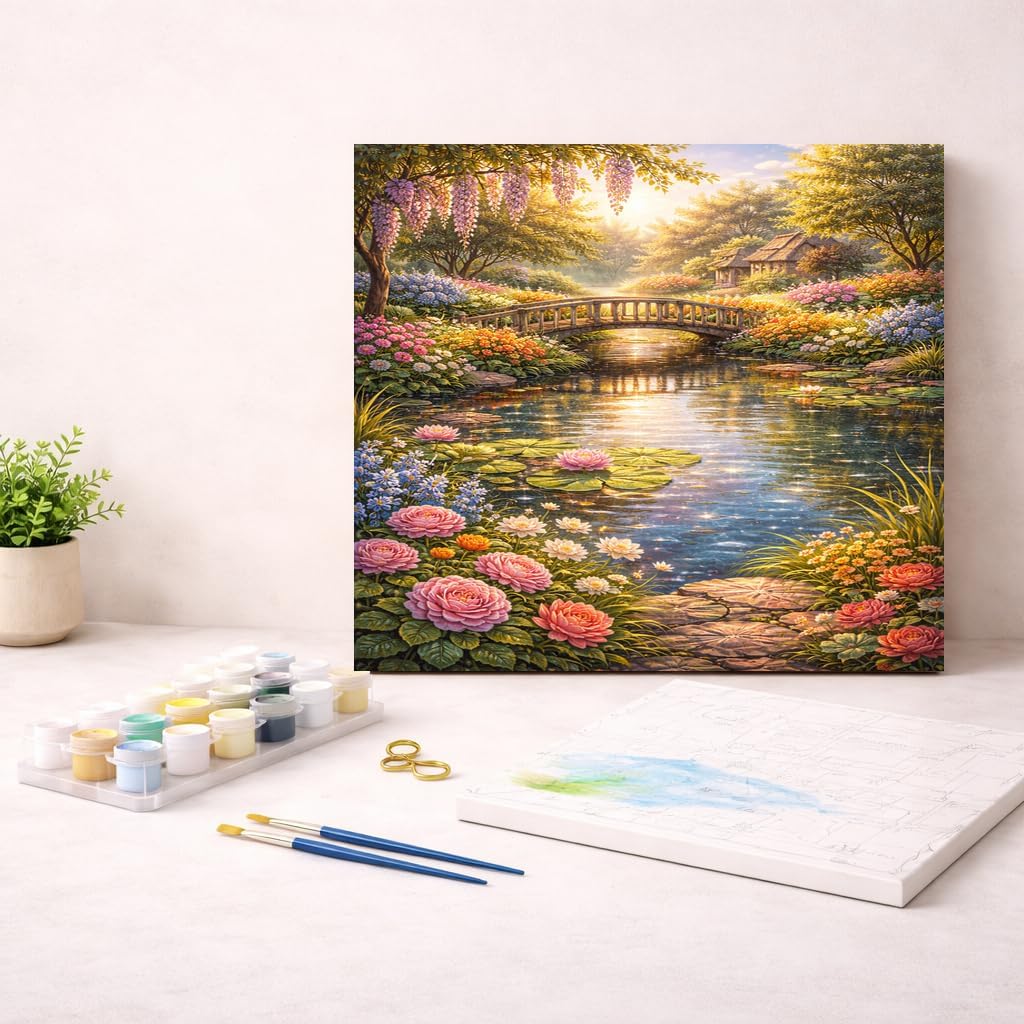 Quelvyn Spring Summer Garden Bridge Paint by Numbers Kit for Adults, DIY Blooming River Landscape Painting on Folded Canvas 16x20 Inch, Beginner Art Flower Garden, Gift for Home Decor Lovers image 4