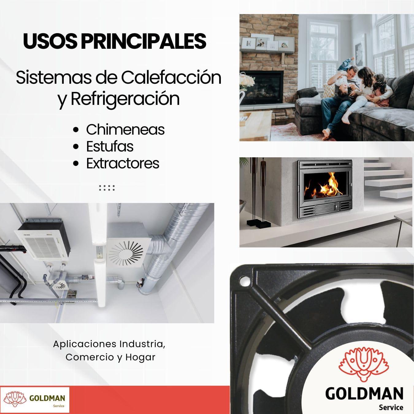 GOLDMAN SERVICE - Ventilador fan axial para cassette de chimeneas insertable alta temperatura de aspas metálicas universal. 120x120x38 mm