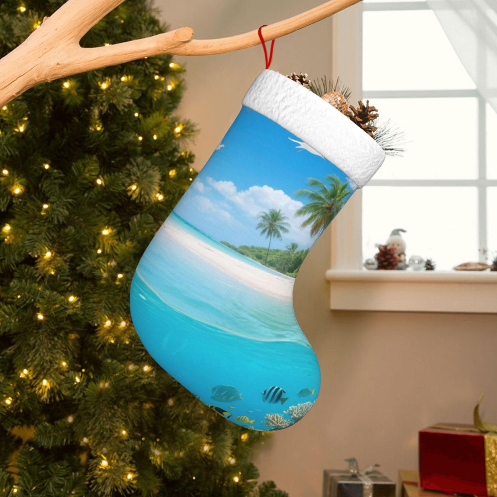 Velvet Christmas Stockings 17.7 Inch, Tropical Fish Beach Xmas Stocking with Soft Cuff,Classic Personalized Christmas Tree Decoration for Family Holiday New Year Party Supplies