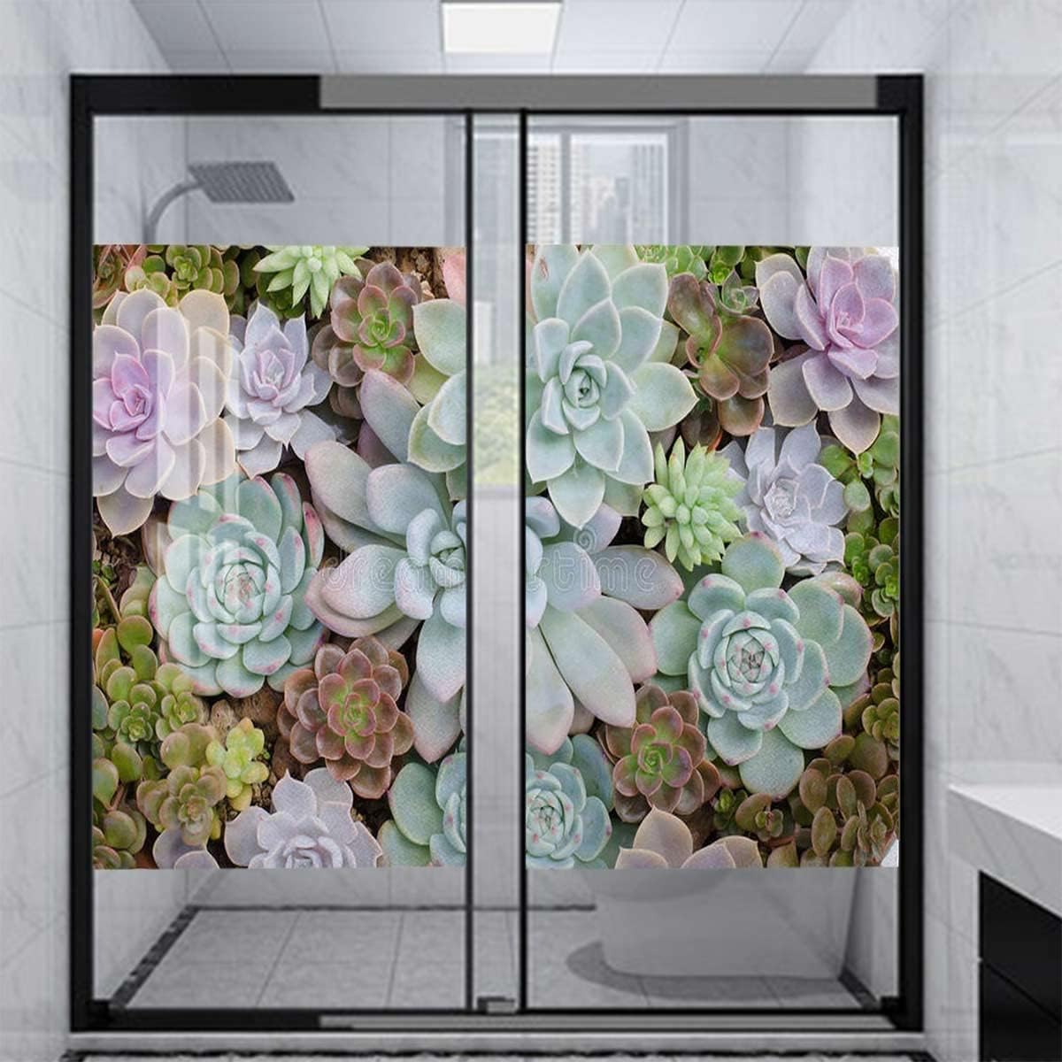 Green Privacy Window Film Frosted Window Sticker Opaque Glass Film Kitchen Bathroom Office Removable Glass Sticker Cute Succulents Flower Desert Frosted Glass Film 35.4Wx63L-inch x2 Pcs
