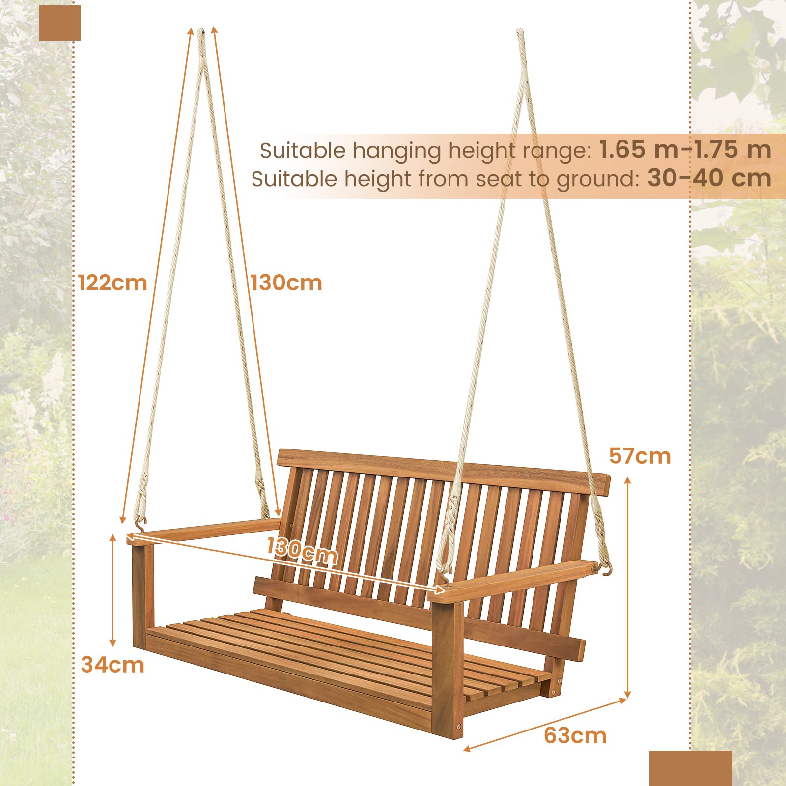 GIANTEX Hängebank Schaukel 2-Sitzer, Schaukelbank Outdoor, Hollywoodschaukel aus Massiv Akazienholz, Veranda-Schaukel Gartenschaukel zum Aufhängen 130 x 63 x 57 cm, Hängeschaukel bis 360 kg belastbar