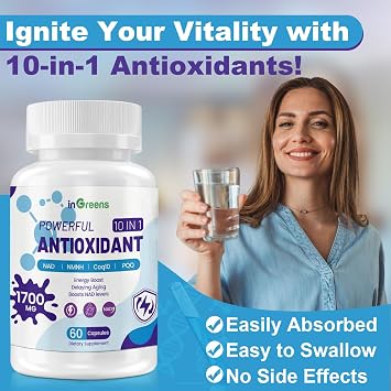 inGreens 10-in-1 Antioxidants Supplement, 1700MG Super Antioxidant for Women and Men, Powerful Antioxidants with NAD, NMNH,Coq10, Resveratrol, Cell Repair & Reducing Free Radical Damage, 60 Capsules