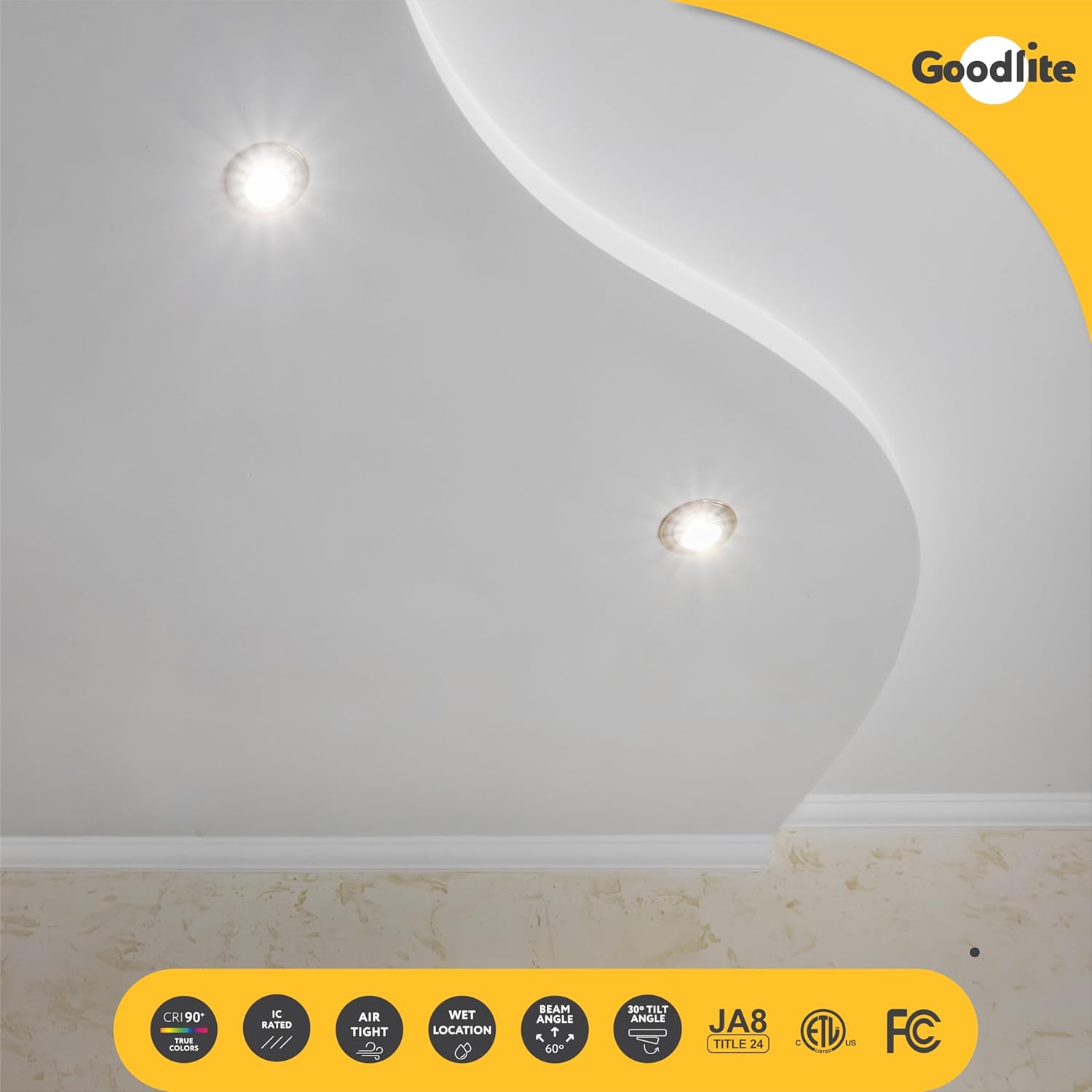 Goodlite 6-Inch Square White Regressed Gimbal Adjustable Swivel Eyeball LED Light, Selectable Color Temperature 27K-30K-35K-41K-50K, 22W, 2200 Lumens, 120-277V, Dimmable (Triac & 0-10V), 1ct (G-20094)