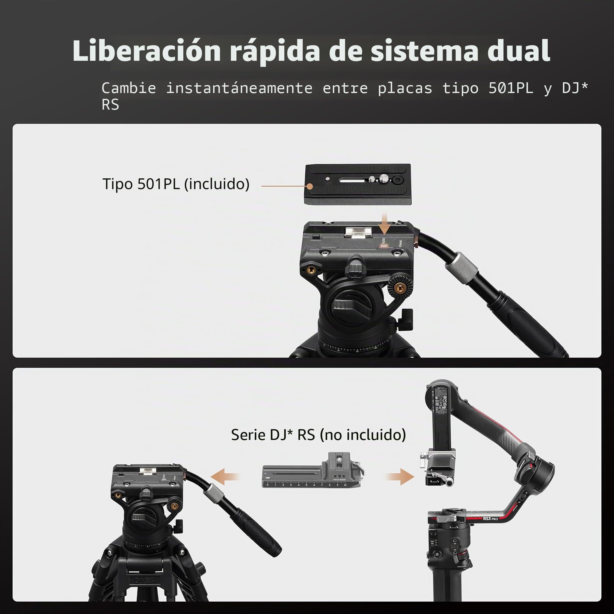 Cayer Vídeo Cabeza Fluida con Placa de Liberación Rápida, Mango Telescópico Base Escalada para Mirrorless, Cámaras de Vídeo y DSLRS, Compatible con Placa Gimbal para dji Serie RS, K6 | Carcasa de metal, mango de bandeja ajustable, movimiento fluido suave,