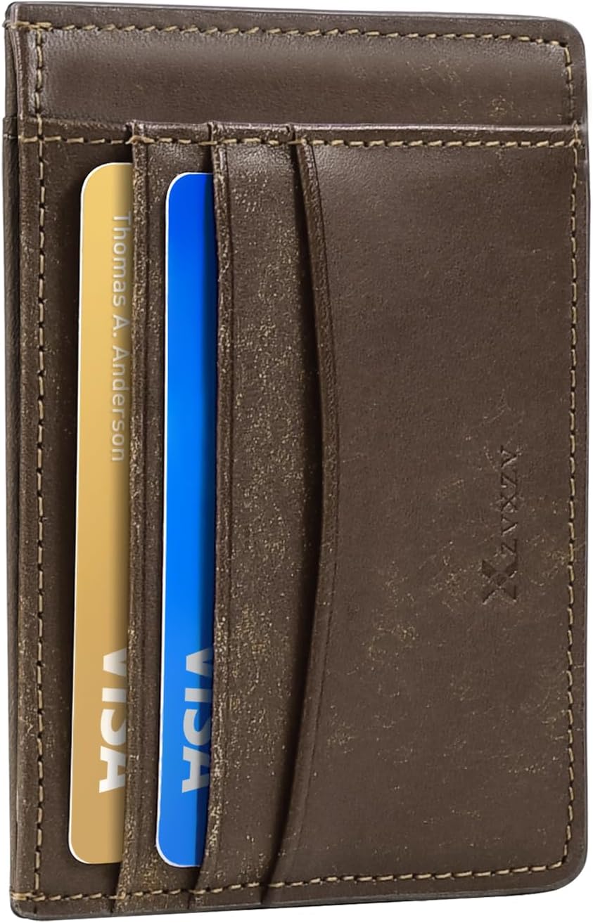 Men's Slim Wallet Italian Pebbled Leather Minimalist Front Pocket RFID Blocking Credit Card Holder with Gift Box Grey