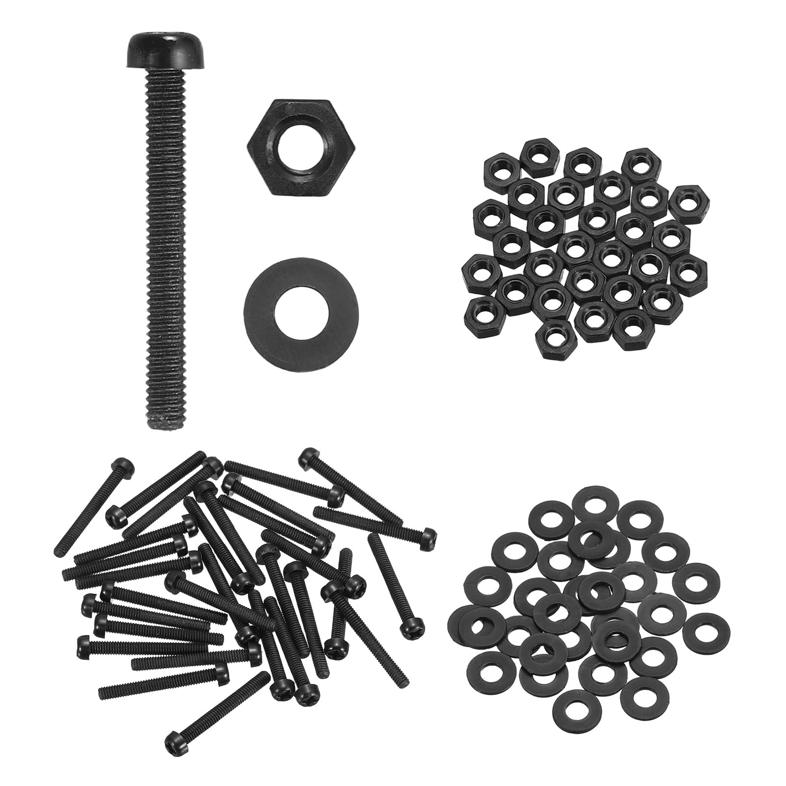 sourcing map 30 Set M2.5x20mm Nylon PA66 Plastic Cross Round Head Screw Phillips Bolts Hex Nuts Flat Washers Assortment Kit, Metric Full Thread Bolt Fasteners for DIY Machine Assembly, Black — image 1