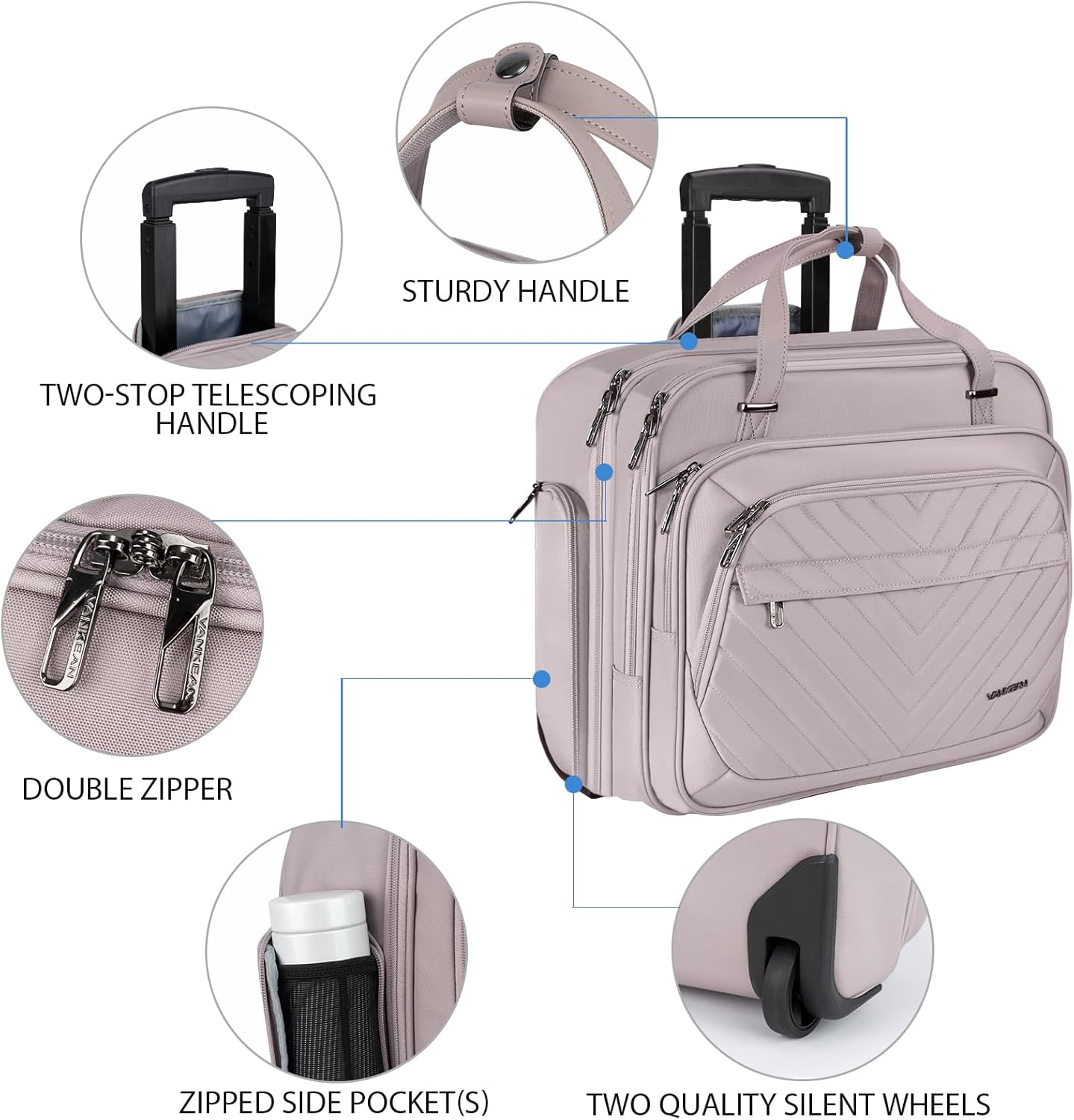VANKEAN Rolling Laptop Bag Women with Wheels, 15.6 Inch Rolling Briefcase for Women, Water Repellent Overnight Computer Bag with RFID Pockets for Travel Business Work, Light Dusty Pink - Image 2