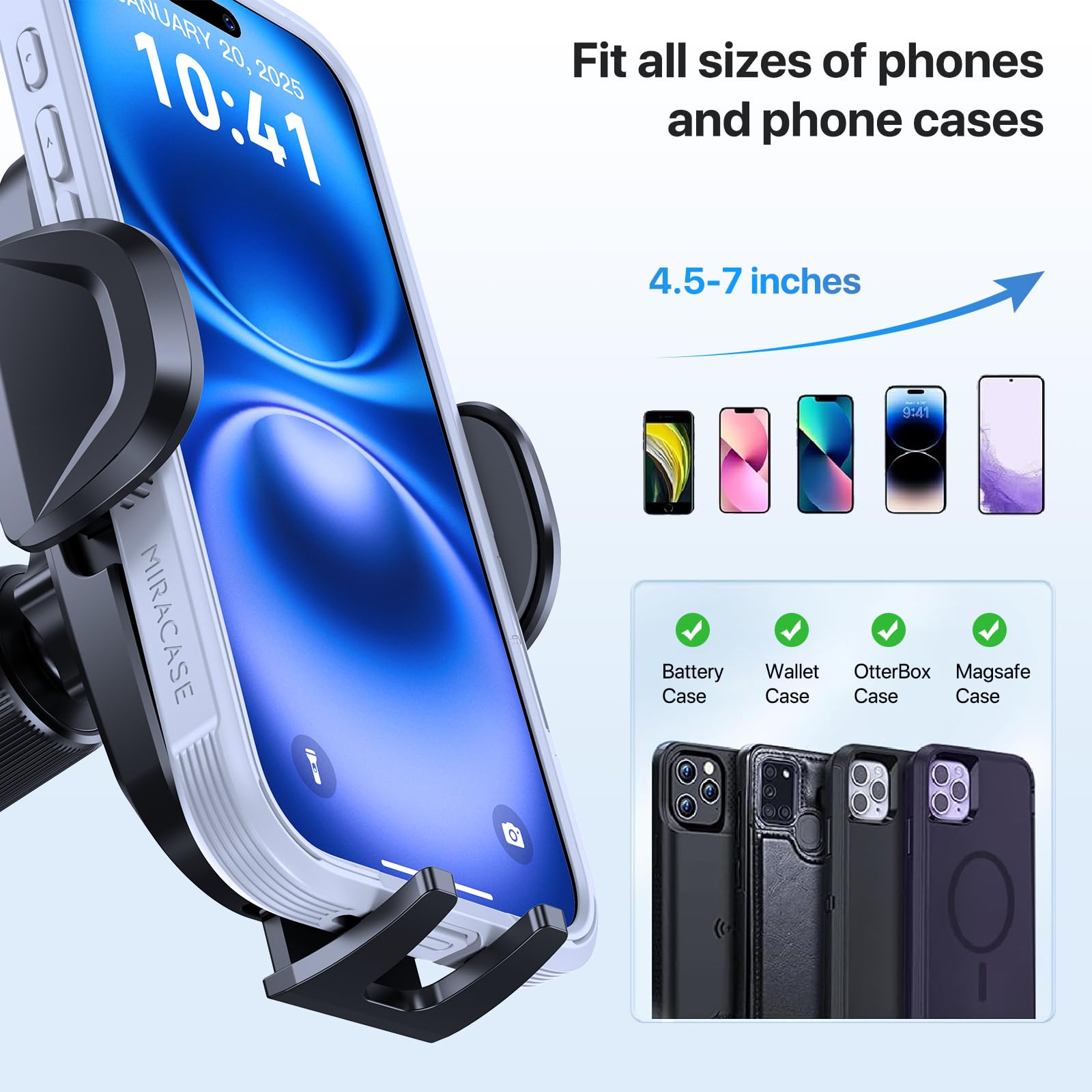 Miracase Supporto per telefono da auto, super ventosa e doppio gancio in acciaio ultra stabile, rotazione a 360°, multi-scena, per cruscotto, parabrezza, furgoni, supporto per tutti i cellulari da 4,5