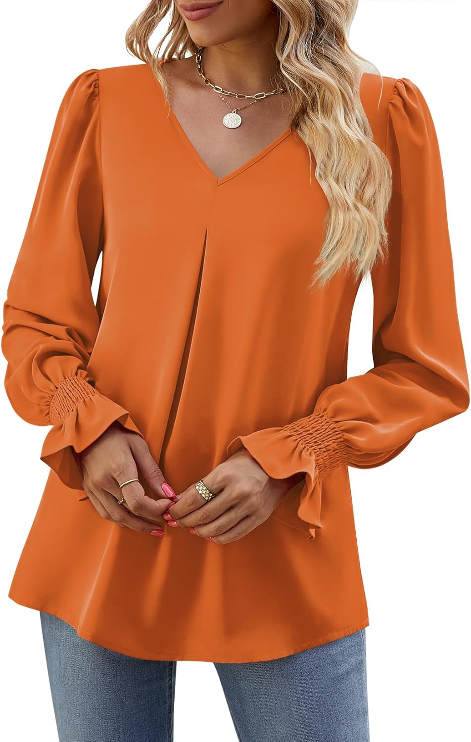 Funlingo Women's 2025 Long Sleeve Tops Dressy Casual V Neck Tunic Shirts Loose Chiffon Work Blouse - Image 4