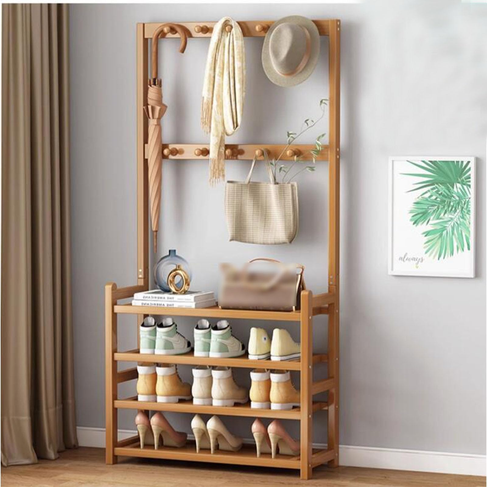 MYUYEE Coat Rack, Freestanding Coat Stand With Shoe Storage Bench, 3-In-1 Hall Tree With 12 Hooks & A Clothes Rail For Hallway Entryway Bedroom, Wooden Frame(4 Tier-W60Cm)