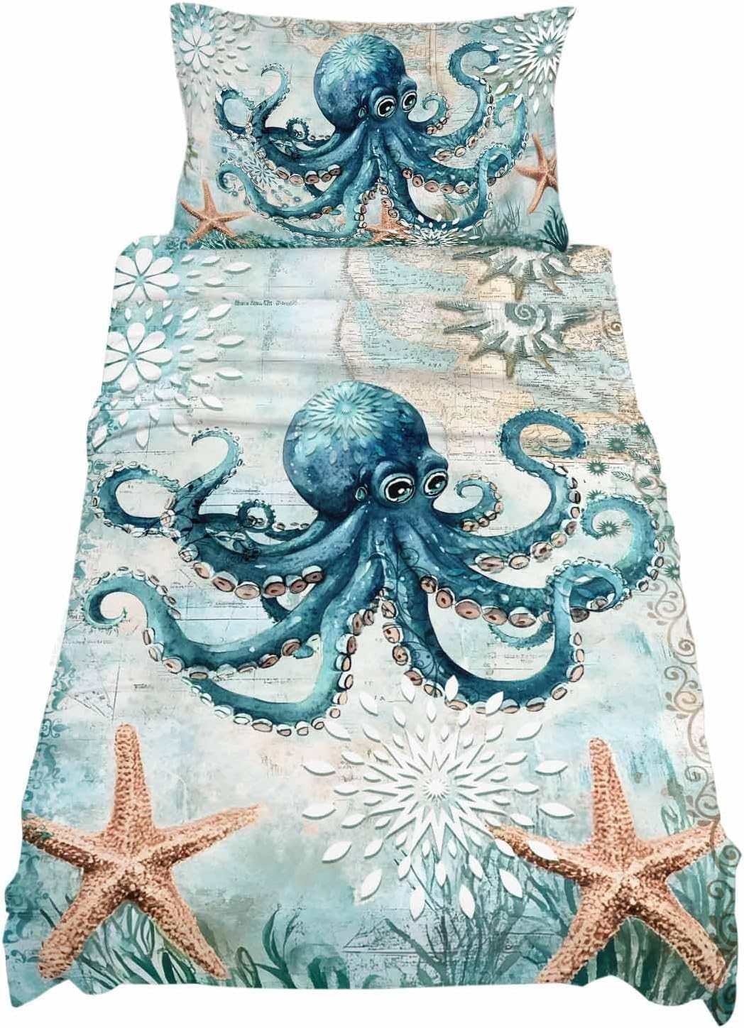 Coastal Nautical Twin XL Sheet Set 3 Piece Bedding - Vintage Turquoise Octopus Starfish Breathable Comfy Cooling Bed Sheets & Pillowcase Sets,Hotel Luxury Flat Sheets Deep Pockets Fitted Sheet