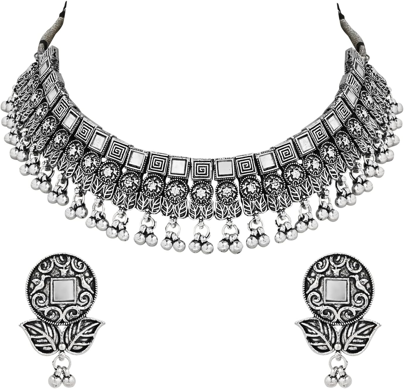 I Jewels Antique Silver Oxidized Ethnic Indian Wedding Bollywood Afghani Choker Necklace Jewellery Set for Women (MC135OX)