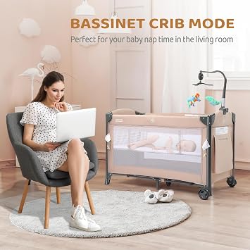 JOYMOR Baby Bedside Bassinet, Baby Bassinet, Pack n Play Convert Playpen, Quick Foldable Travel Bed with Wheels & Brake, Carry Bag for Boys Girls (Beige)