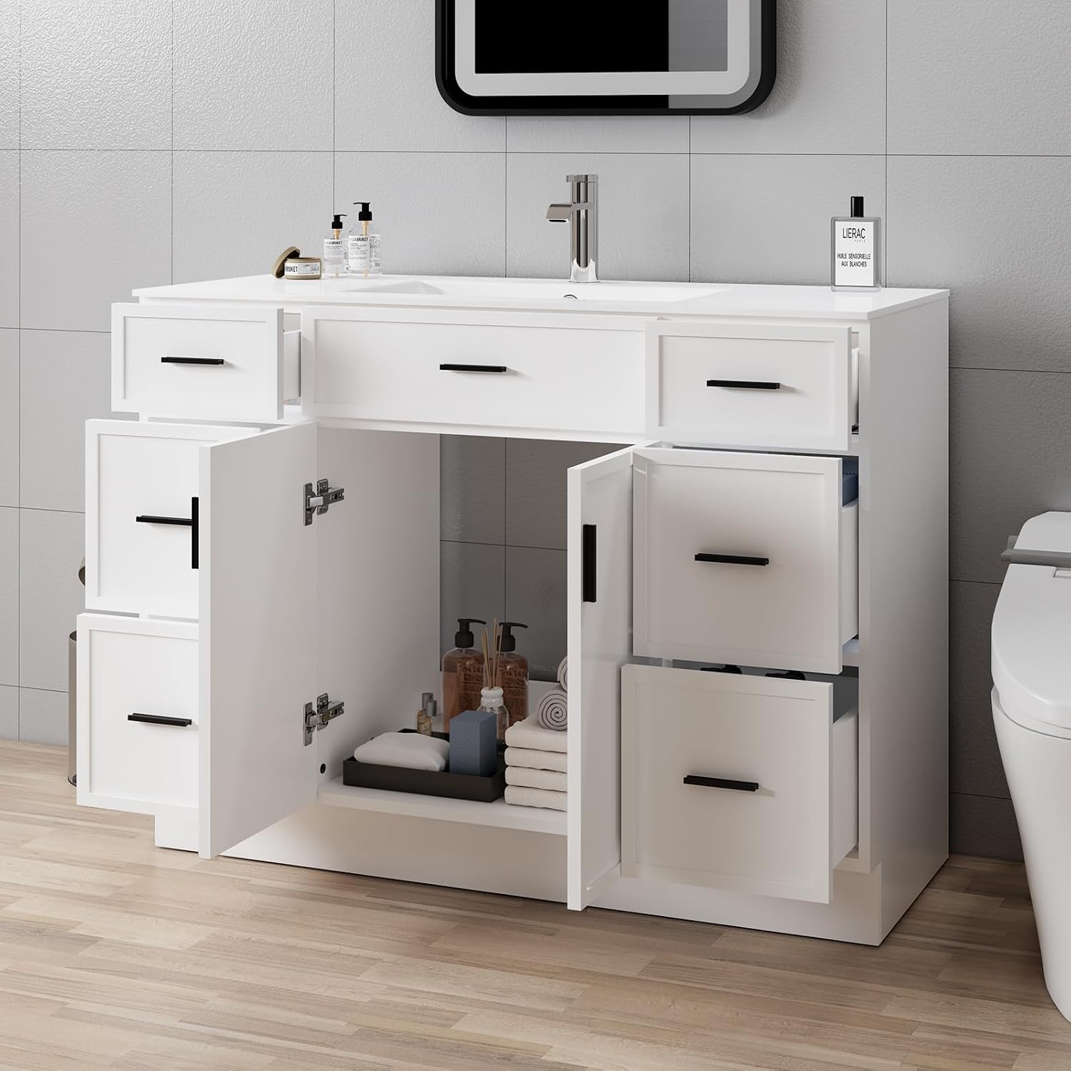 36 Inch Modern Bathroom Vanity with Sink, Natural wood color Freestanding Vanity for Floor Standing Storage and White Ceramic Basin (White 48")