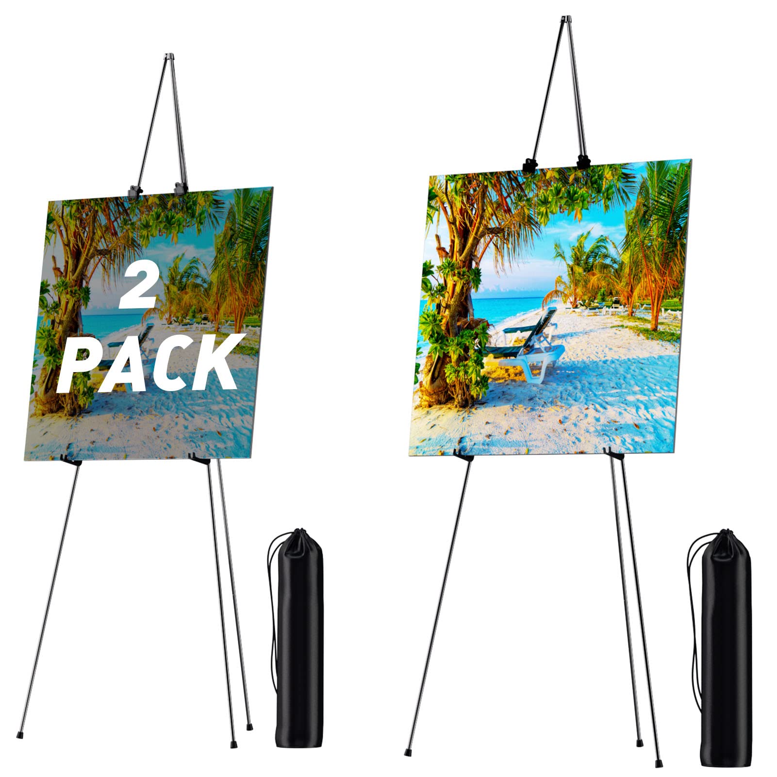 GSOW Display Easel Stand for Wedding Sign, Foldable Poster Sign Easel Holder, Adjustable Poster Display Stand for Painting, Metal Art Easel 63'' with Portable Bag, 2 Pack