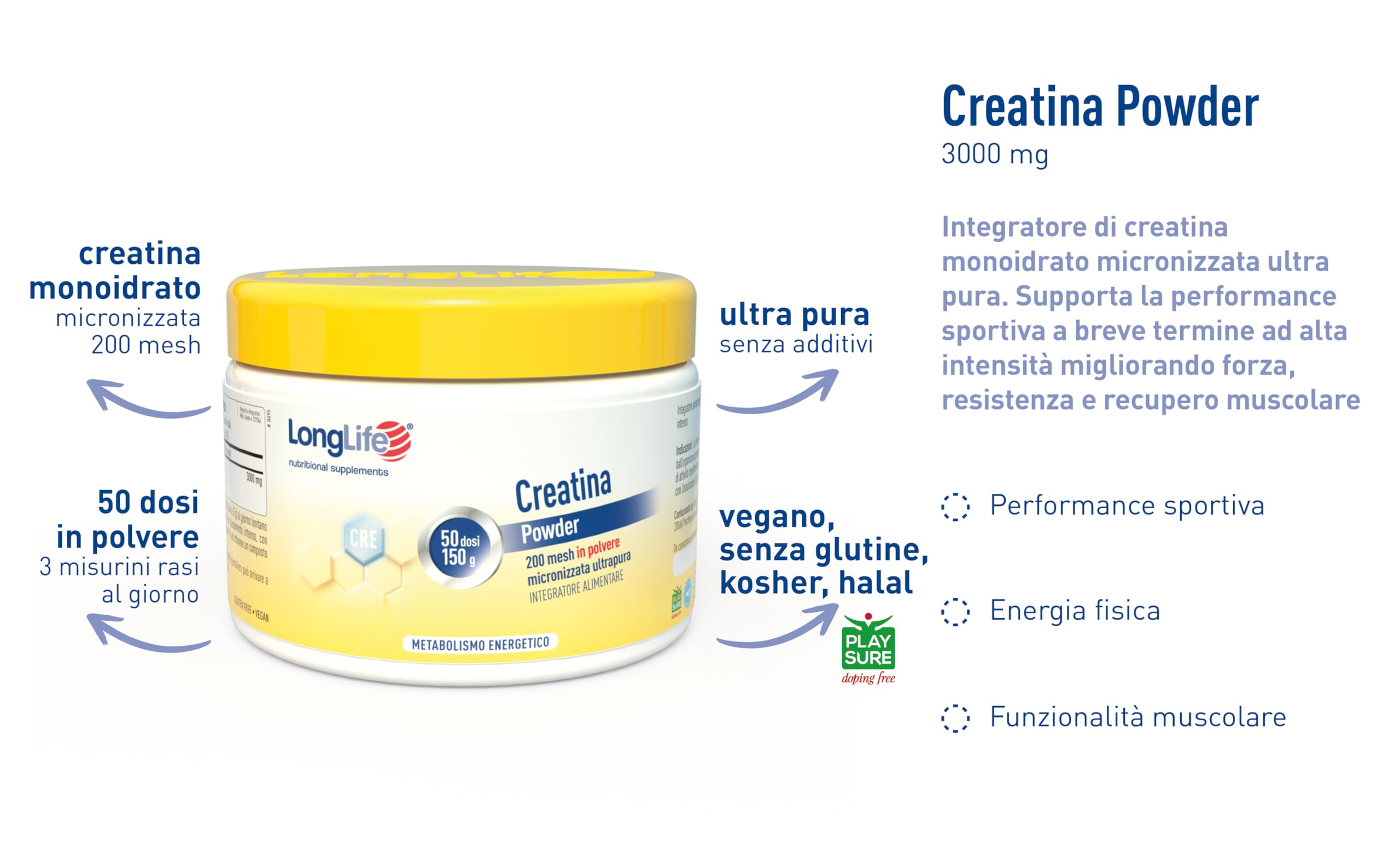 LongLife® Creatina Powder | Creatina monoidrato micronizzata ultrapura | Energia e forza muscolare | Performance fisica e sportiva | 50 dosi | Vegano e senza glutine