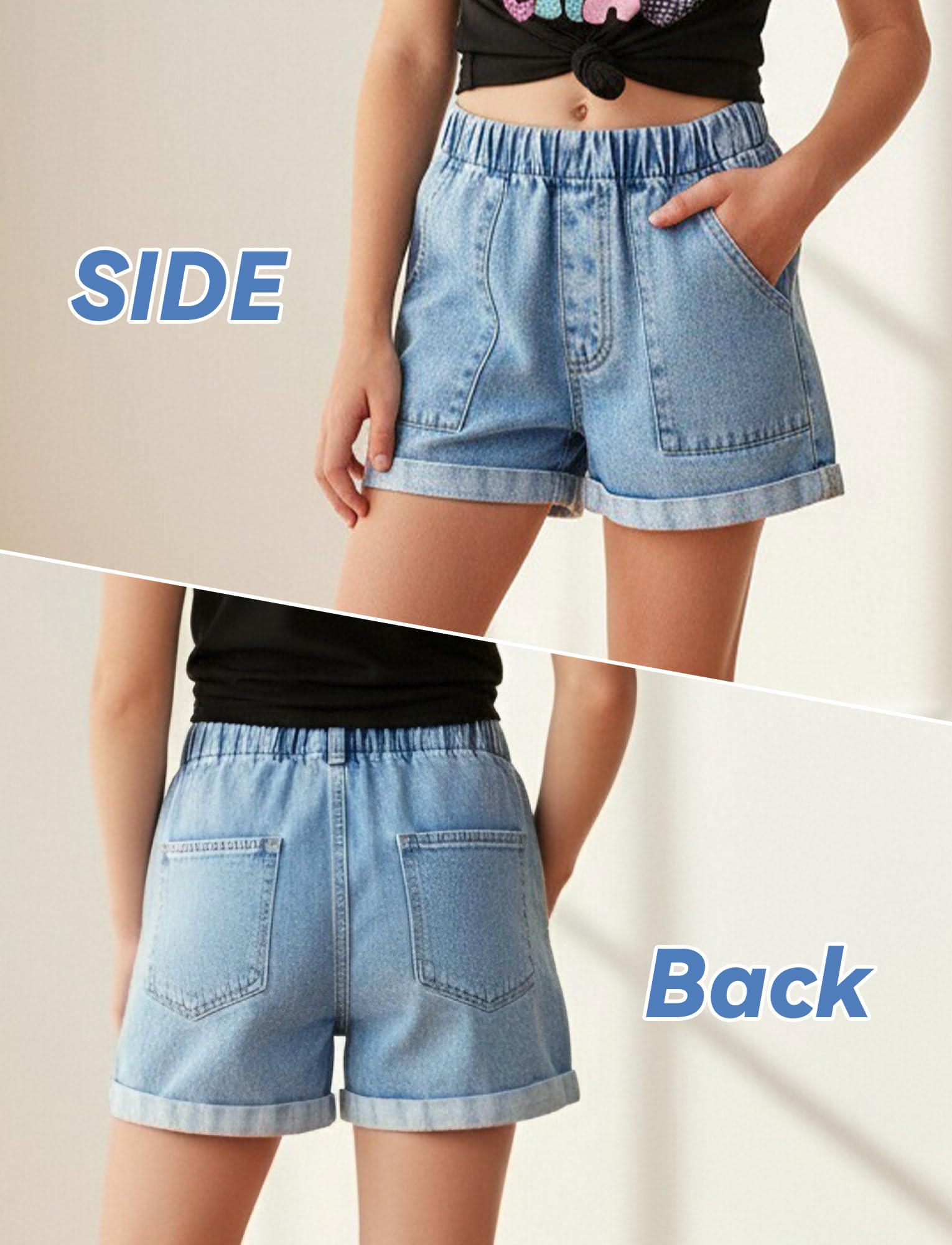 Happy Cherry Pantalones cortos de mezclilla de algodón elástico de cintura alta para niña, pantalones cortos de verano casuales con bolsillos para niños de 8 a 12 años