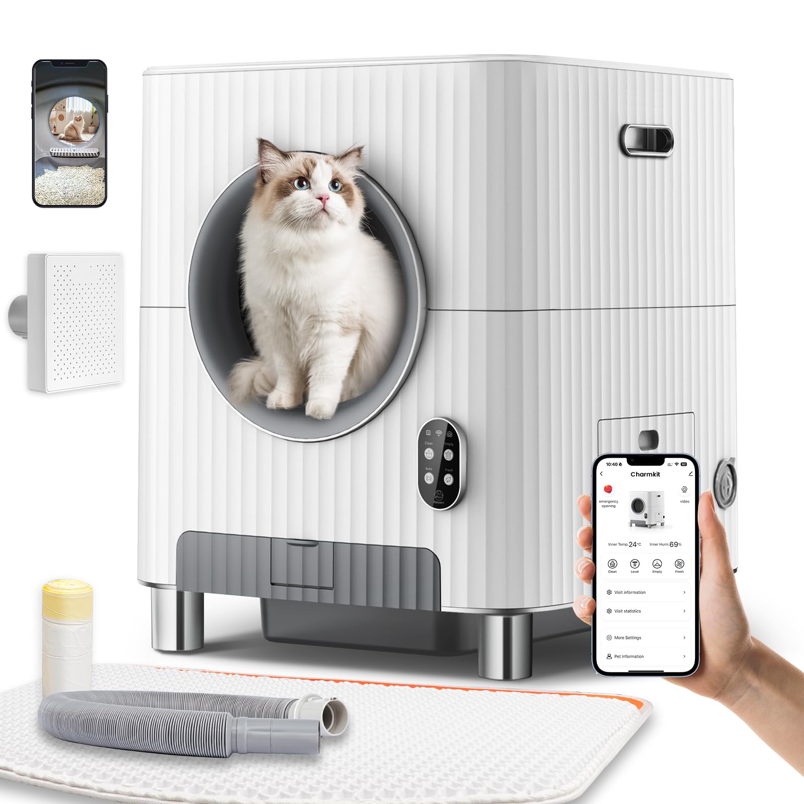 Charmkit Arenero Autolimpiante con Entrada Eléctrica y Puerta Automática para Gatos, Arenero Inteligente Grande para Varios Gatos.
