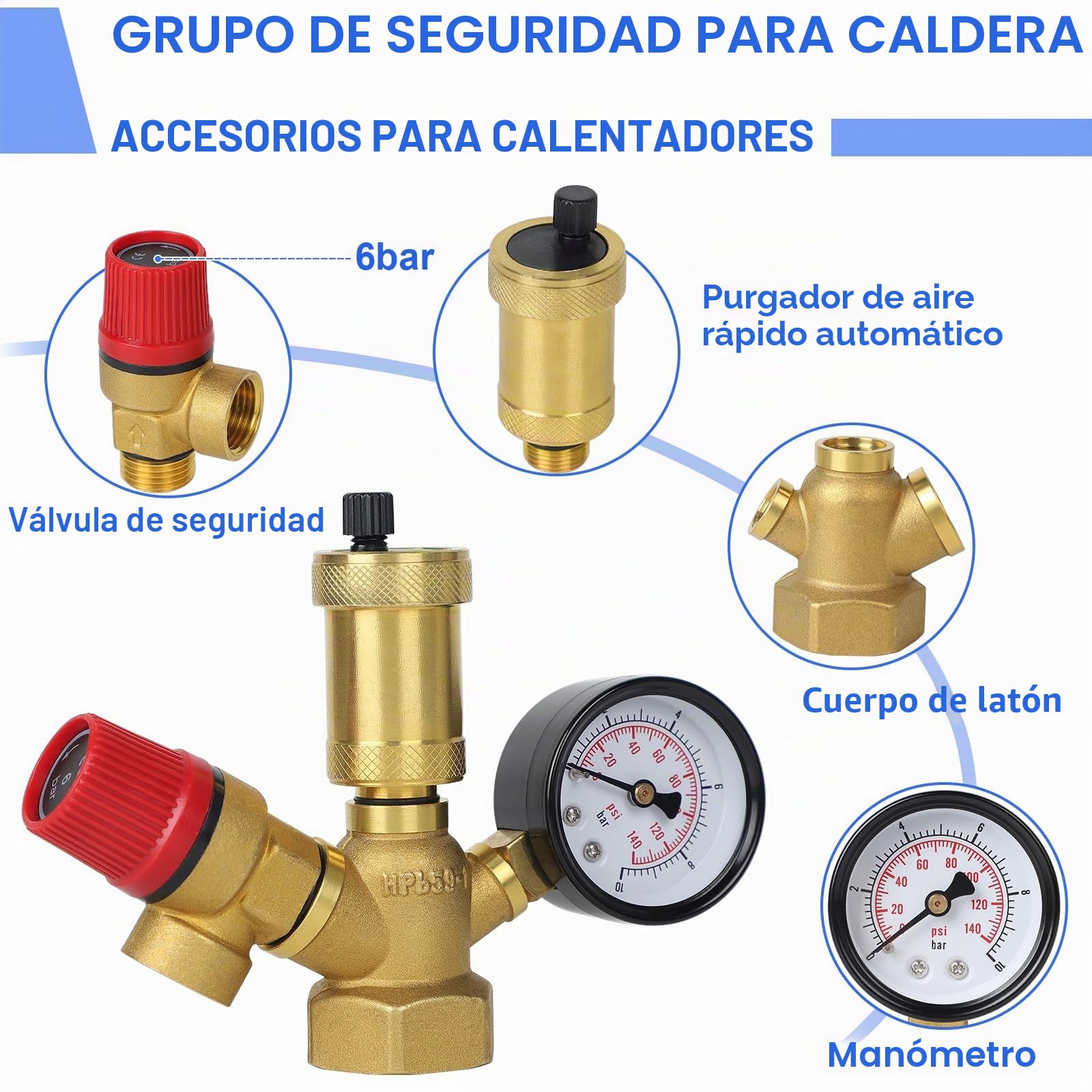 SWAWIS Grupo de seguridad Válvula de sobrepresión para caldera DN25 (1 pulgada), purga rápida, manómetro de 6 bares, 10 bar, válvula de seguridad, calefacción, grupo de seguridad para calderas