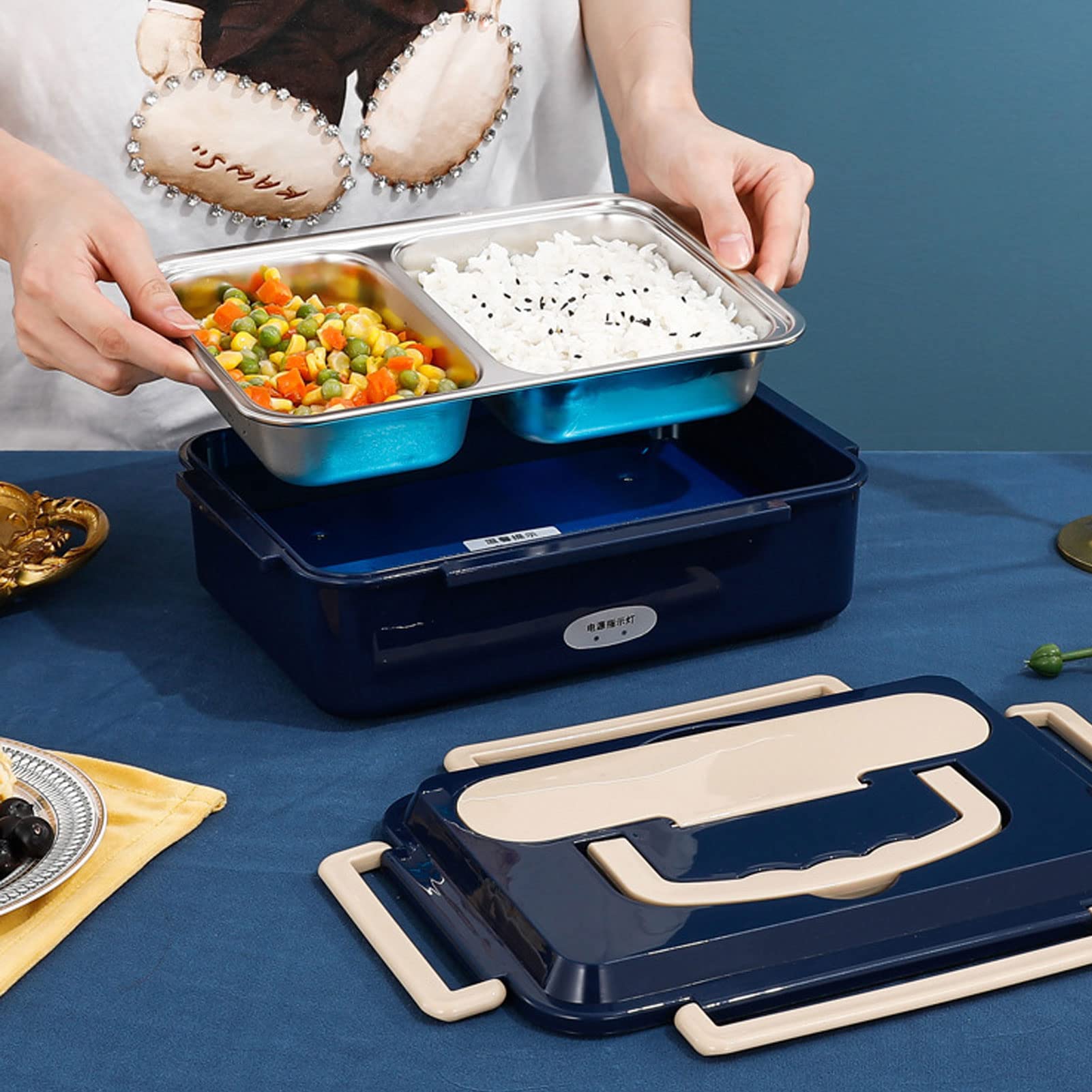Zerodis Fiambrera Eléctrica de Acero Inoxidable, Calentador Portátil sin Agua, Recipiente Calentador de Alimentos a Prueba de Fugas con Compartimentos Dobles, Adecuado para (Enchufe europeo 220V)