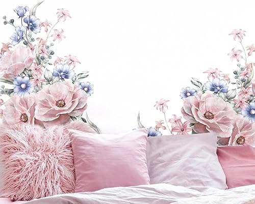 Miniatura 4 de Supzone Calcomanías de pared grandes de flores rosadas, flores rosadas, flores azules, ramos de flores, calcomanías de arte de pared para niñas,