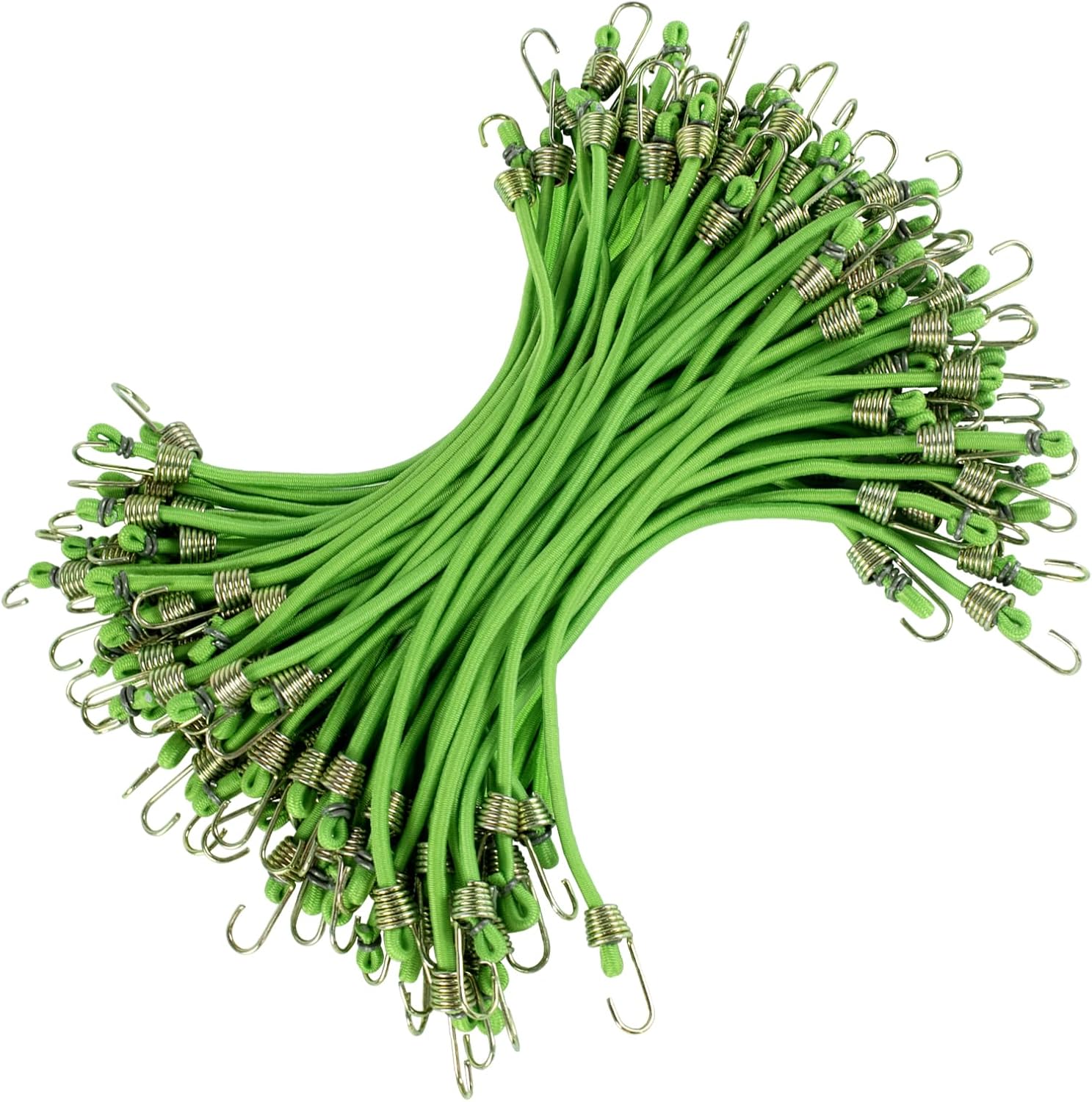 50 Pack Small Bungee Cords with Hooks, 10" Elastic Straps for Outdoor Camping, Tents, Tarps, Bikes, RV, Luggage Roof Racks, Cargo, Green