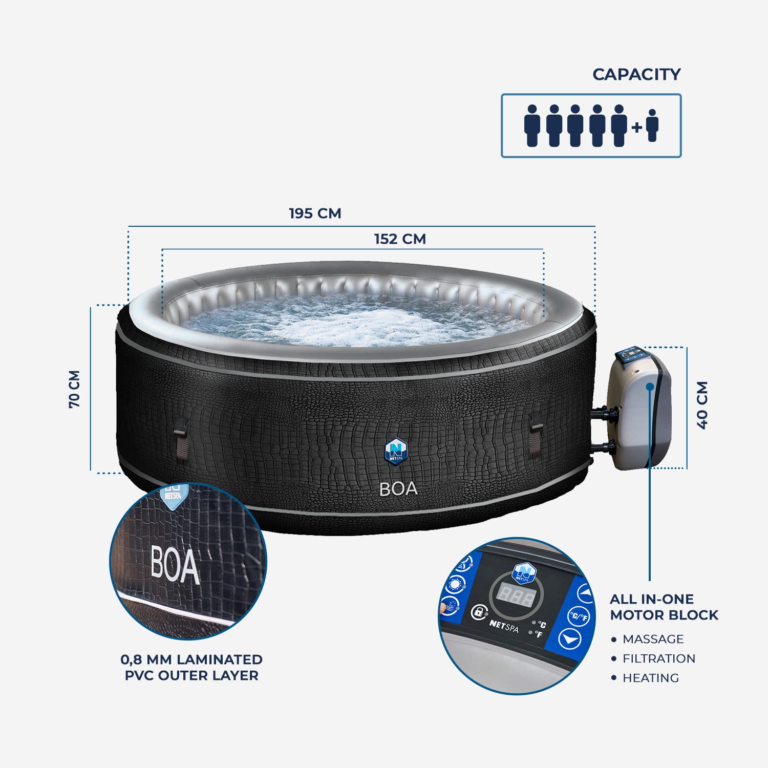 NETSPA - SPA Hinchable Circular SP-BOA155B XL Familial -5-6 Personas - 195X70 Cm - Efecto de cocodrilo - Estructura de Espuma 8 Cm - Volumen 800 L