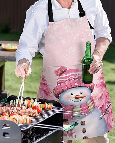 Miniatura 5 de Pink Snowman Christmas Bib Aprons with Pockets Waterproof, Adjustable Apron for Men Women Xmas Tree Winter Snowflake Pink