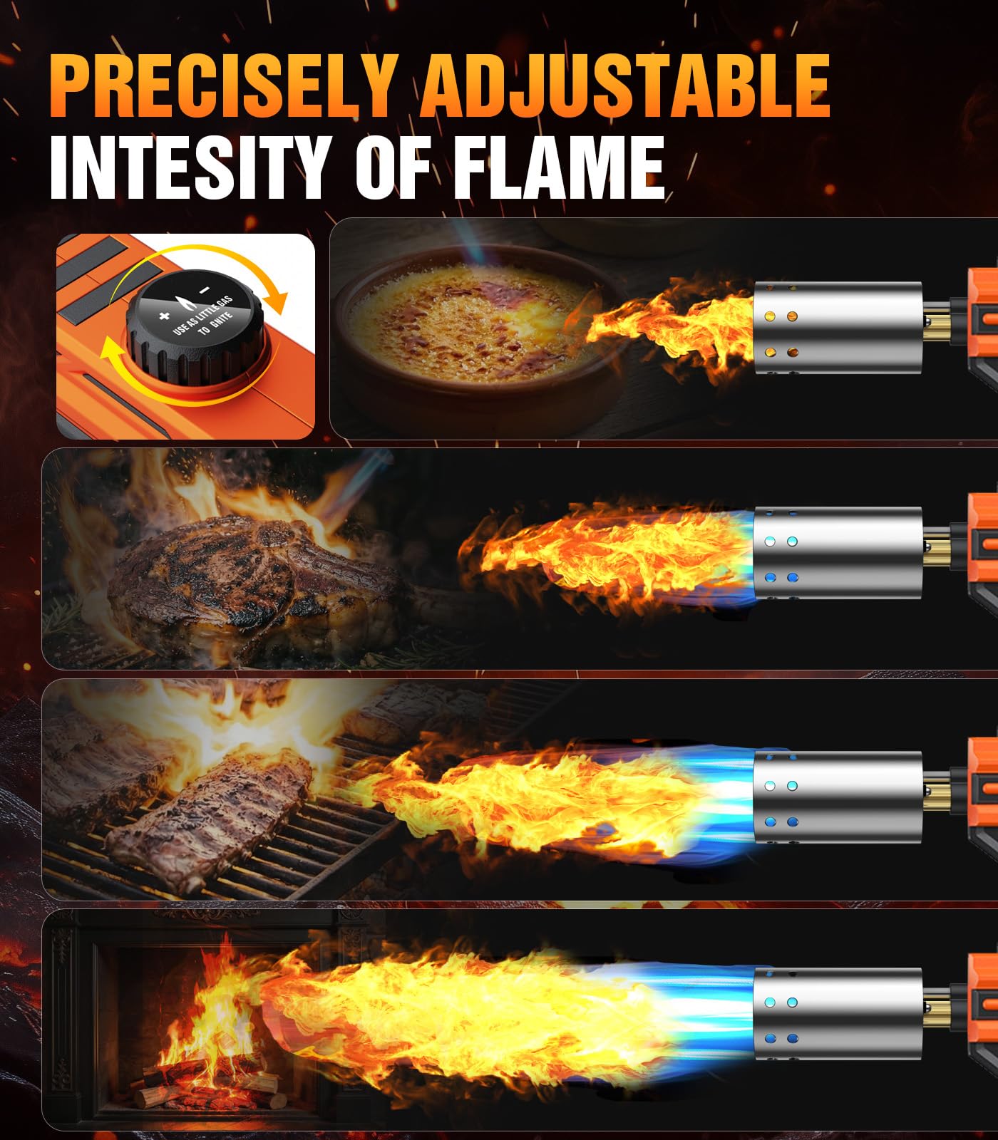 Powerful Propane Torch Gun, Flame Thrower Kitchen Torch Cooking with Adjustable Flame, Torche Propane Gun Butane Torch for Searing Steak, BBQ, Campfire, Fireplace (Tank Not Included)(Orange) - 2