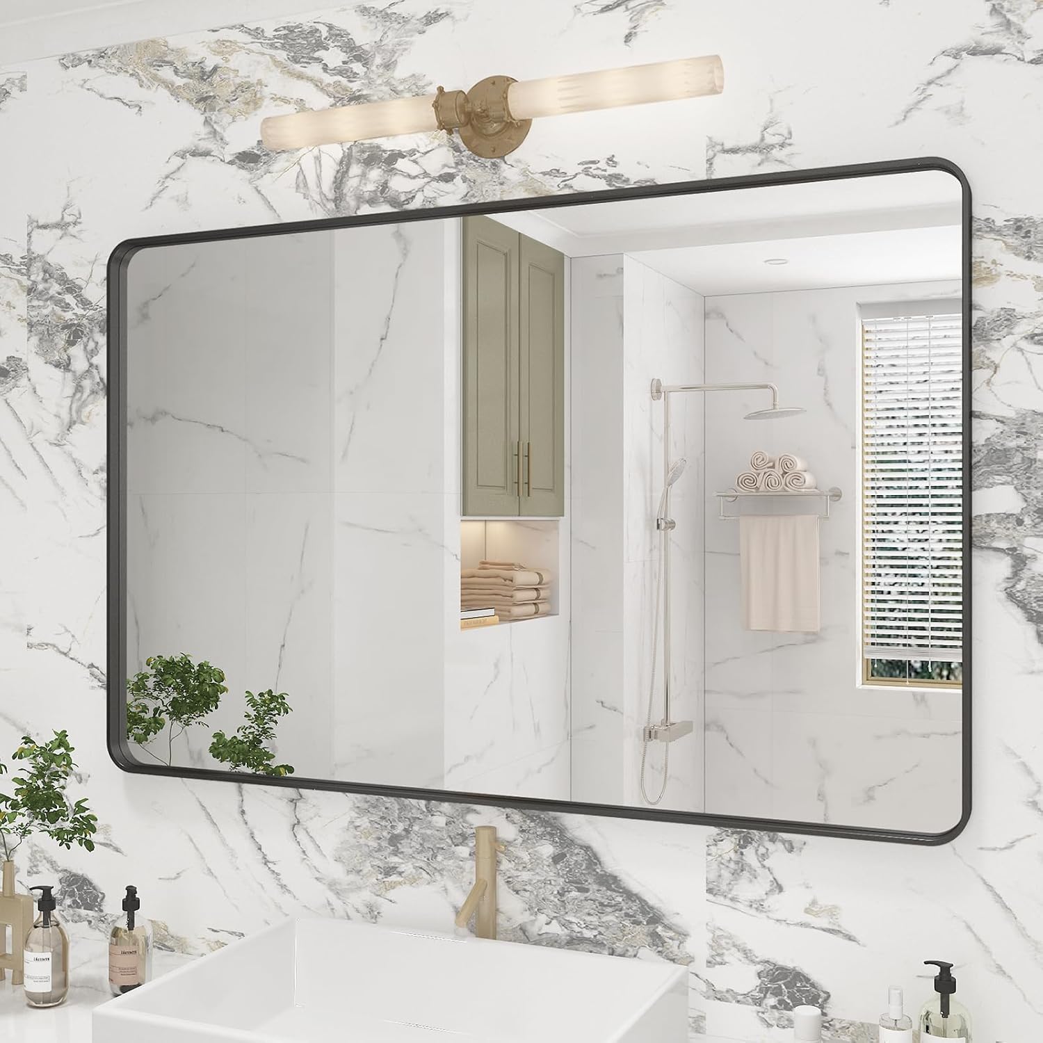 VANLIO Black Framed Bathroom Mirror for Wall, 48X30 Matte Black Bathroom Vanity