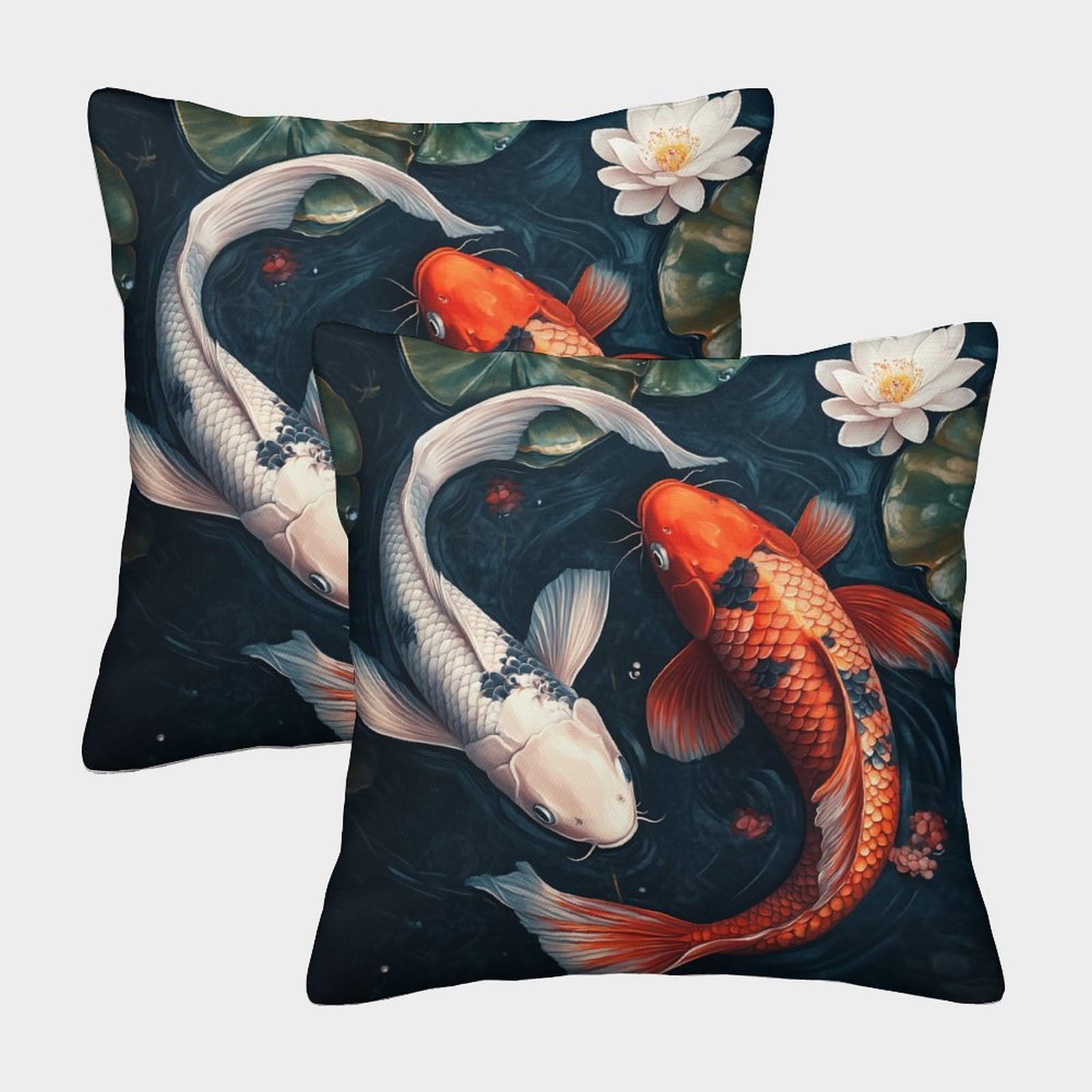 kaiyun 2 Pack Koi, Lotus,Japanese Art Luxury Digital Printed Soft 3D Themed Square Cushion Cover 50x50cm