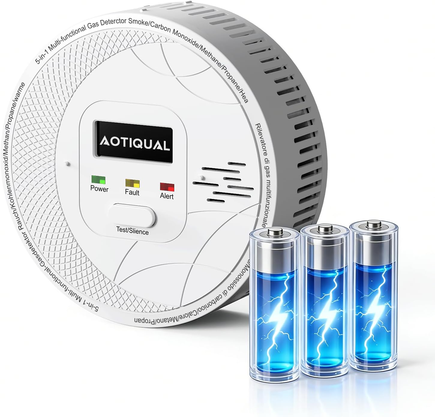 5-in-1 Smoke and Carbon Monoxide Detector, Natural Gas Detector(Methane, Propane Alarms), Heat Detector with Light & Audible Indicator, Low-Power Battery-Powered Gas Detector for Home, Kitchen, RV