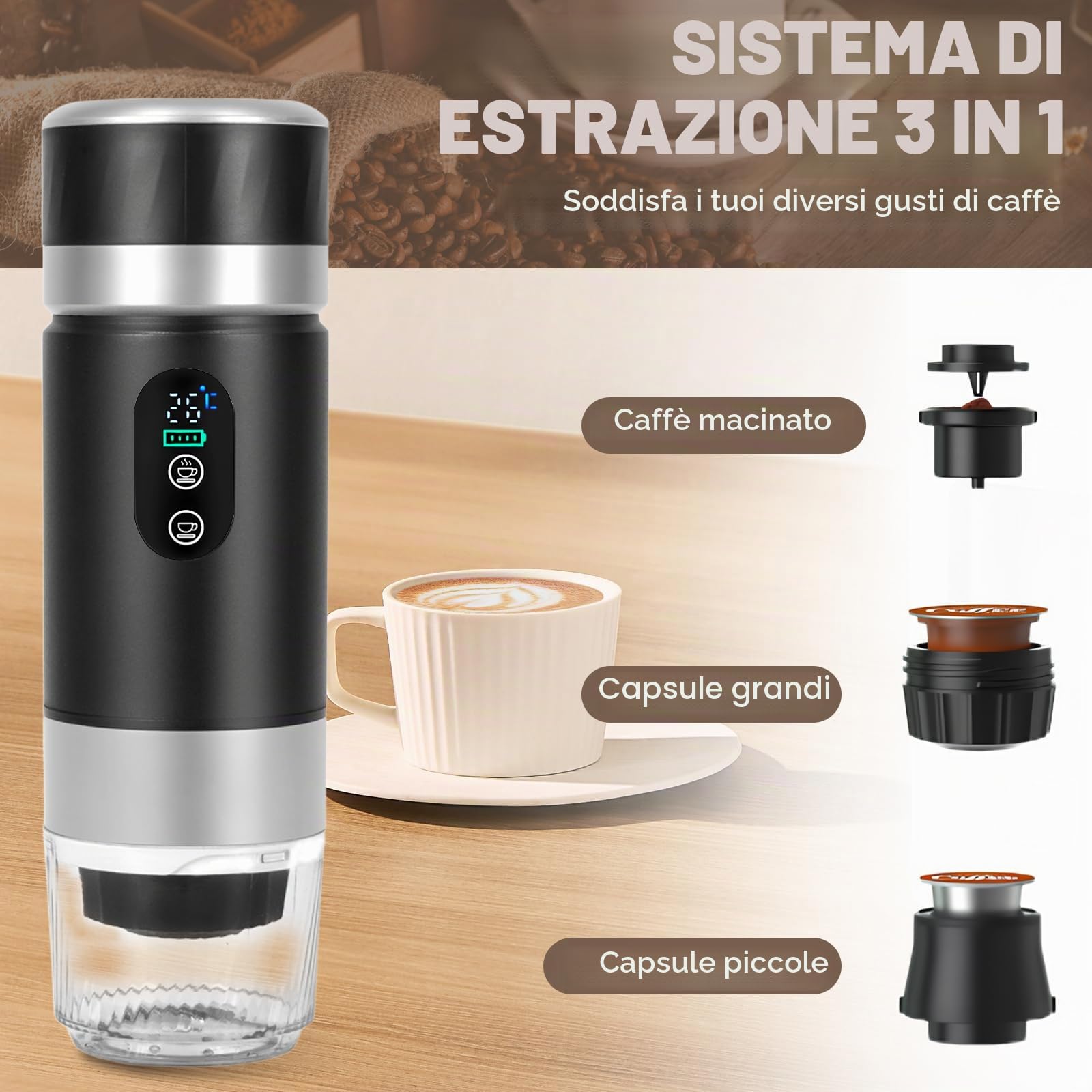 Bostar Macchina da Caffè Portatile, 3 in 1 Elettrica Portatile Espresso Ricaricabile per Caffè Espresso, Display Digitale per Capsule Piccole Grandi e Caffè Macinato per Ufficio Viaggio (Nero)